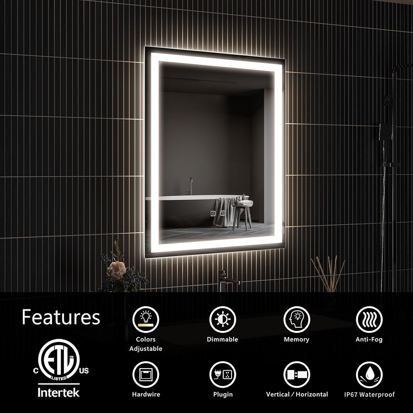 APRILSOUL 24x30 Inch LED Bathroom Mirror with Front and Backlit, Makeup Mirror with 3 Color Lights, Memory Function, Anti-Fog and Dimmable Light (Horizontal)