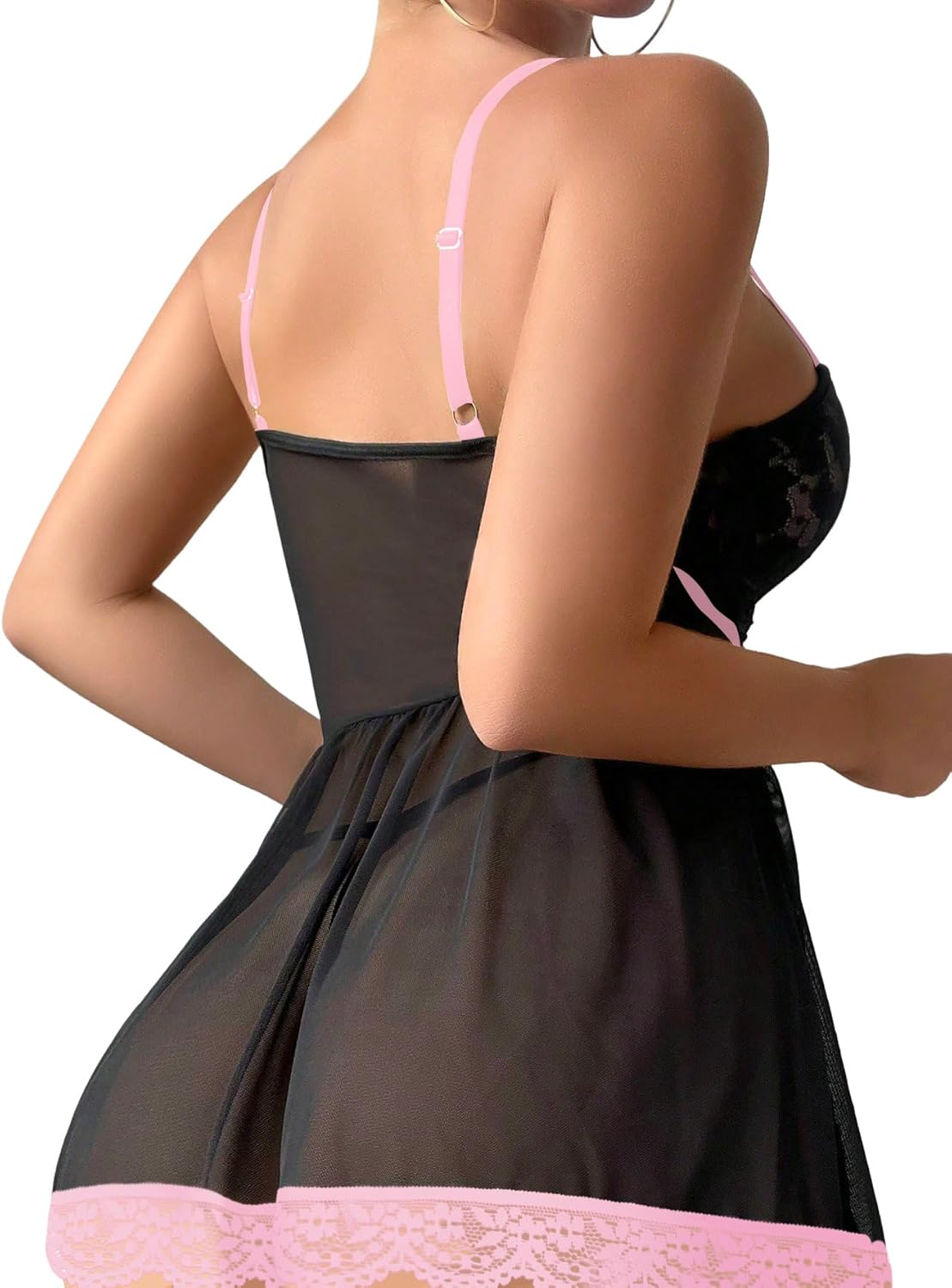 Lilosy Sexy Garter Belt Mesh Lace Babydoll Lingerie Dress Set with Thong