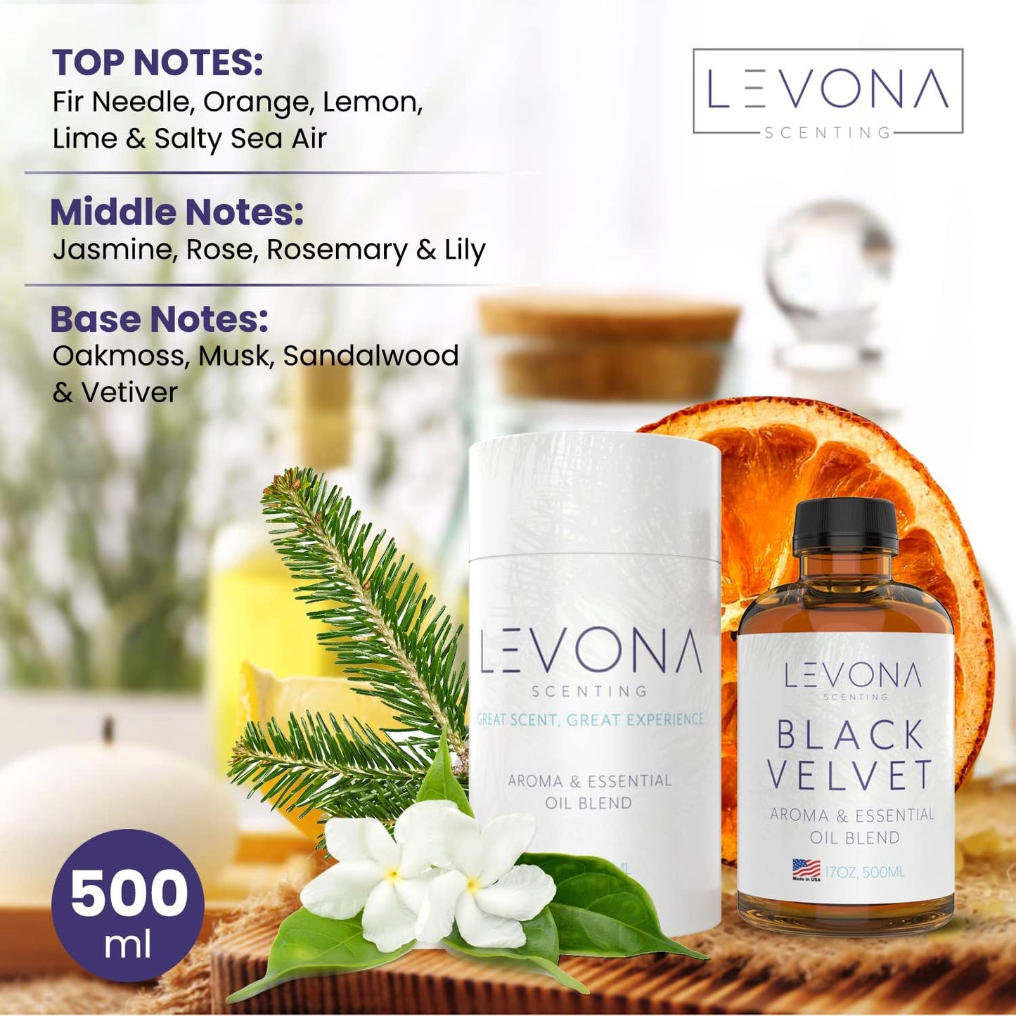 Levona Scents Oil Diffuser Essential Oils: Fragrance Oil for Diffuser - Black Velvette Diffuser Oils Scents - Woody Citrus with Herbal Floral Essential Oil Blends, Oakmoss, White Musk & Sandalwood