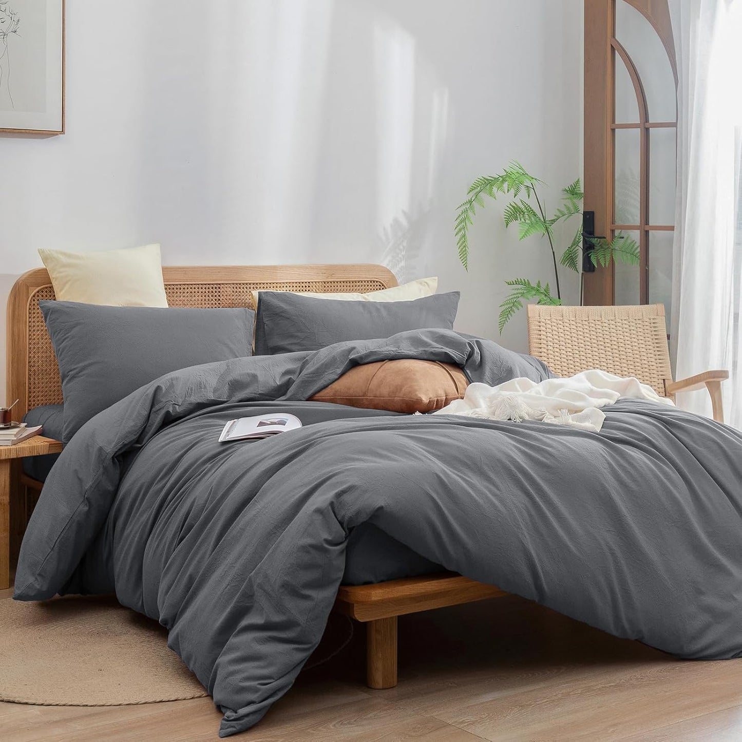 BESTOUCH Duvet Cover Set 100% Washed Cotton Linen Feel Super Soft Comfortable Chic Lightweight 3 PCs Home Bedding Set Solid Quiet Shade Grey King