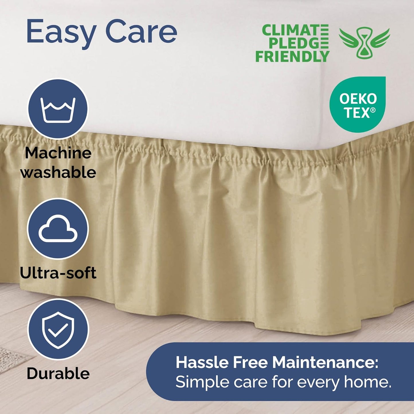 Wrap Around Dust Ruffle Bed Skirt - Beige - for King Size Beds with 12 Inch Drop - Easy Fit Elastic Strap - Adjustable Pleated Bedskirt w/Brushed Fabric - Wrinkle Free - for Women, Men, Kids & Teens