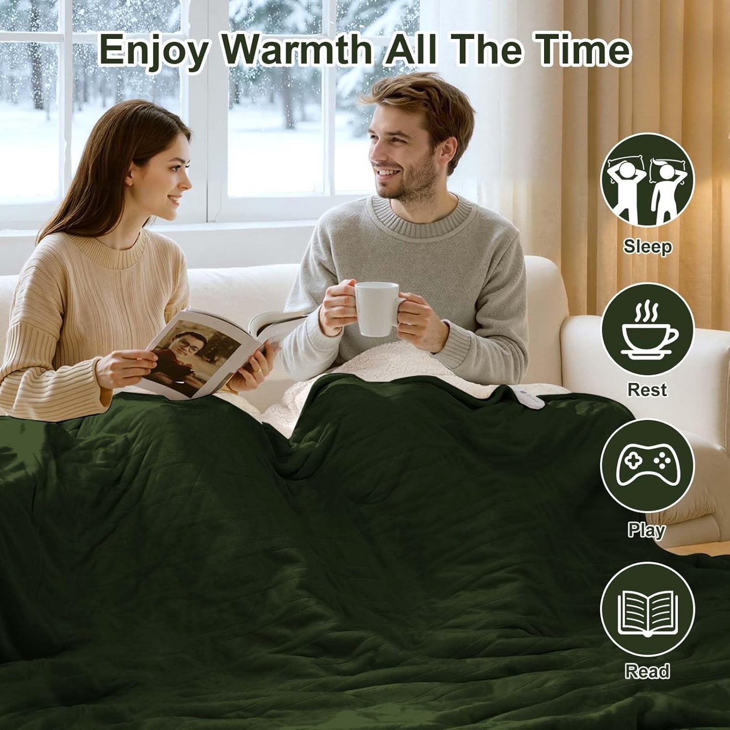 King Heated Blanket Dual Control - 100 X 90 Inch Washable Electric Blanket with 5 Heating Levels, 10 Hours Auto Off, ETL Certified, Soft Flannel Sherpa Heating Blankets for Bed, Green