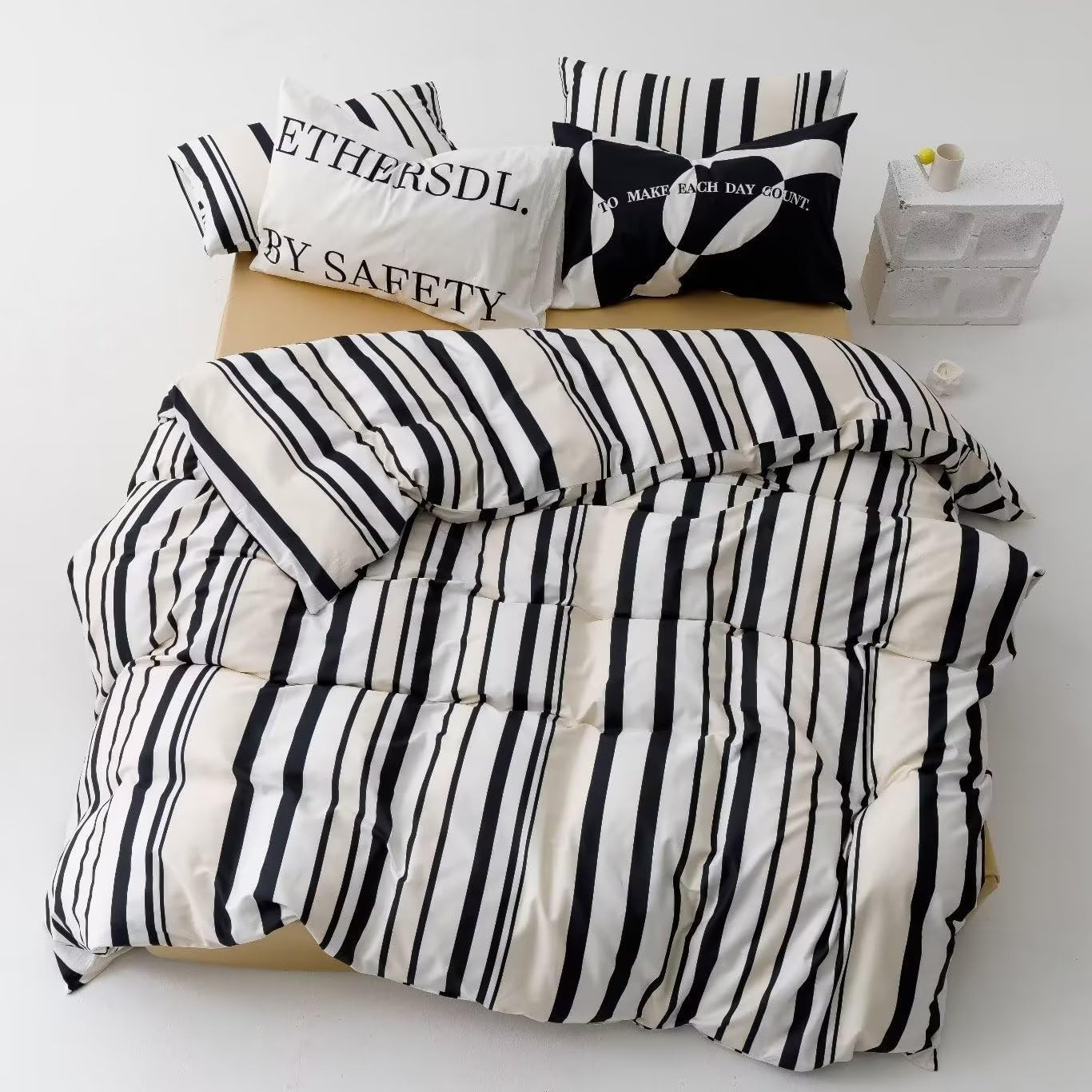 Cottonight Black and White Striped Comforter Set King Geometric Bedding Comforter Women Men Beige Black Blanket Quilts Geometric Ticking Bedding Set Fluffy Folkloric Boho Quilts for King Bed
