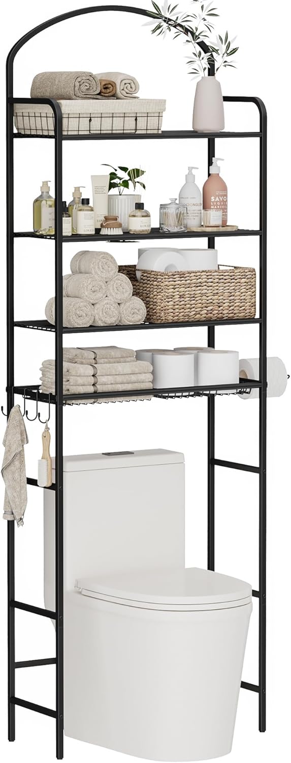 4-Tier Over The Toilet Storage, Bathroom Organizer, Space-Saving, Above Toilet Storage Rack with 4 Hooks and Paper Holder, Metal Shelf, Black