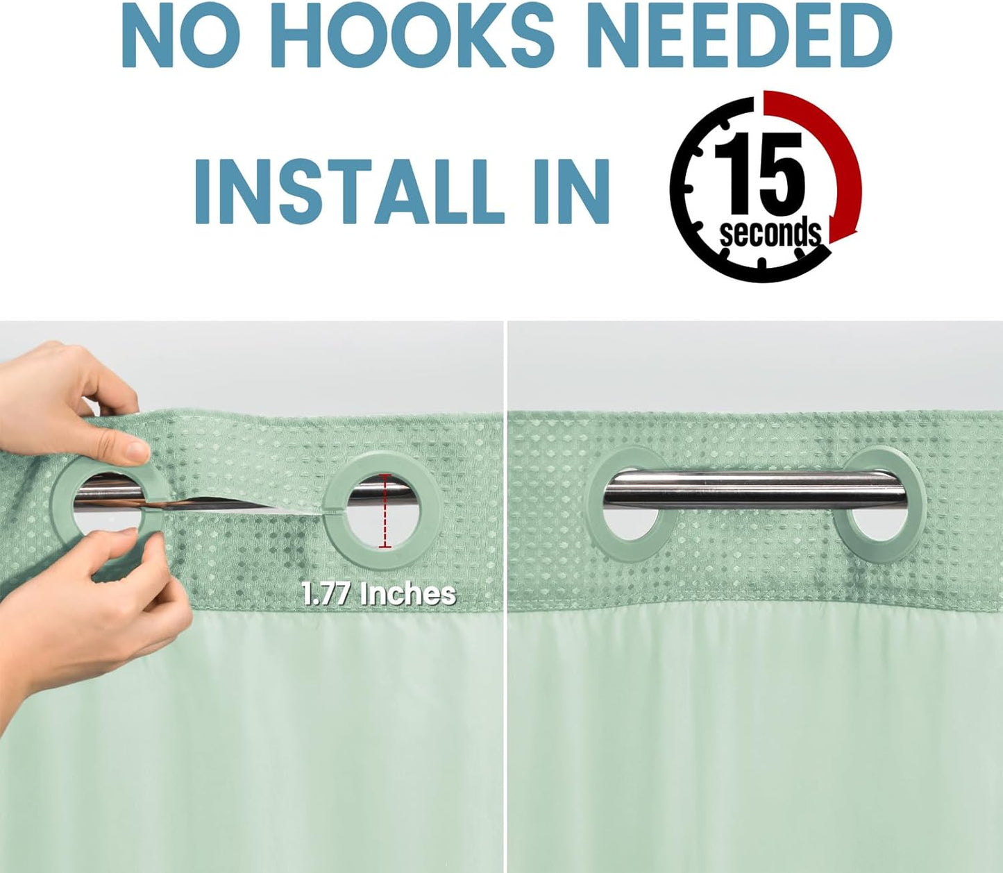 Mint Green No Hook Shower Curtain with Snap in Liner,230GSM Waffle Weave Shower Curtains for Bathroom,71W x 74H