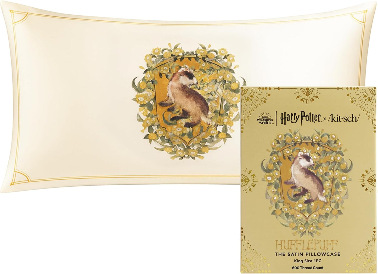 Kitsch x Harry Potter Hufflepuff Satin Pillowcase with Zipper for Hair & Skin – Double-Sided, Softer Than Silk, Wrinkle-Free, Machine Washable, Frizz Control, Breakout Prevention - King Size (19x36)