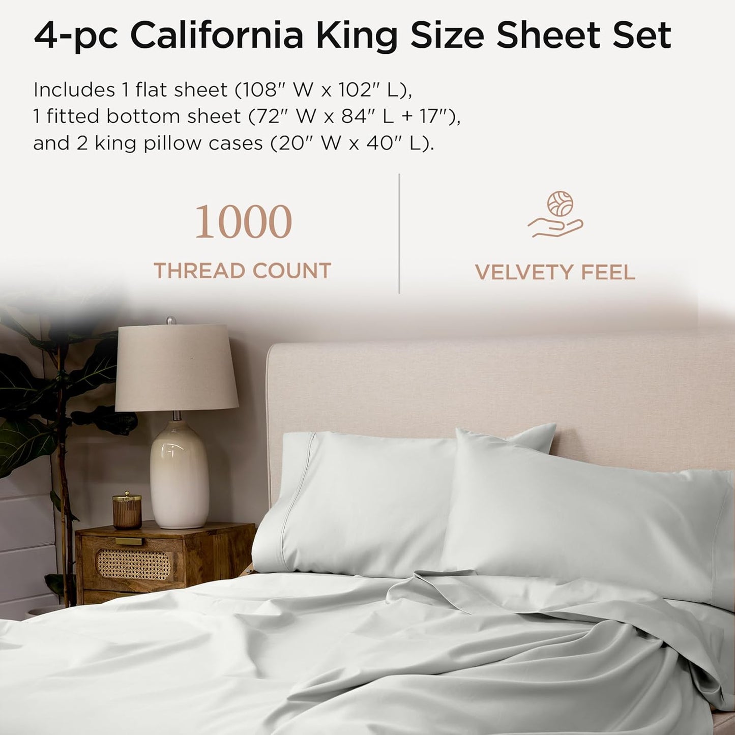 Threadmill Supima Cotton Sheets, 1000 Thread Count Soft 100% Cotton Sheets for Cal King Size Bed, 4 Pc Light Grey Cal King Bed Sheet Set, 5-Star Hotel Quality, Elasticized Deep Pocket Cal King Sheet
