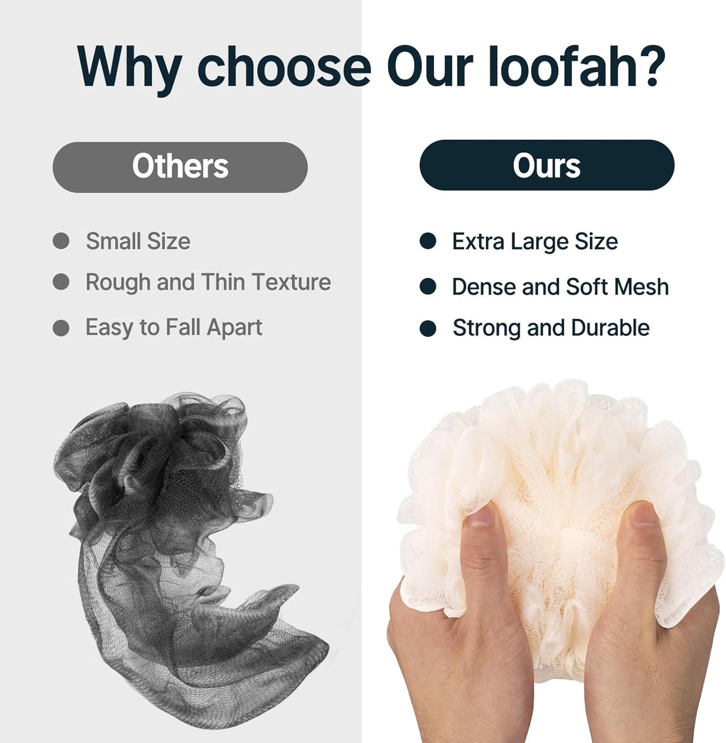 AmazerBath Loofah Sponge, Shower Loofah 60g/PCS - Body Scrubber Loofa Set of 3 Cream Color, Bath Sponge for Men and Women