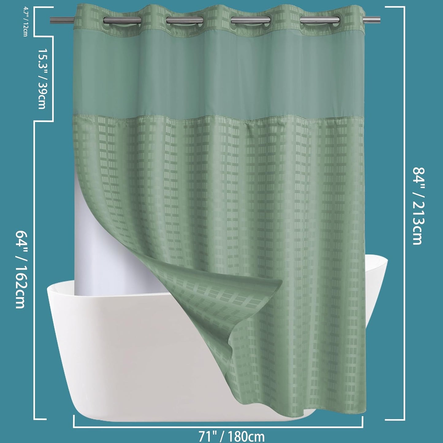 Conbo Mio Extra Long No Hook Sage Green Shower Curtain with Snap in Liner Set, Hotel Luxury Shower Curtains for Bathroom with See Through Top Window, Waterproof, Washable 71W x 84H
