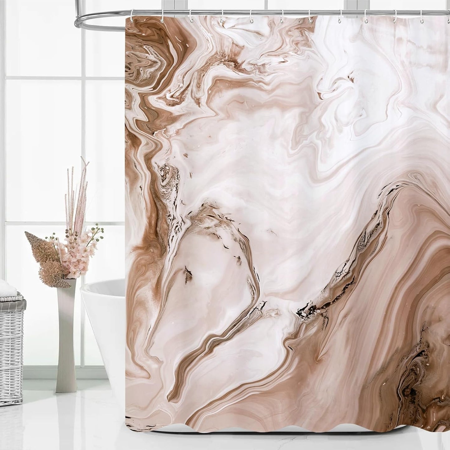 MitoVilla Brown Marble Shower Curtain, Abstract Ombre Fabric Shower Curtains for Modern Bathroom Decor, Luxury Cloth Watercolor Shower Curtain, 72x72