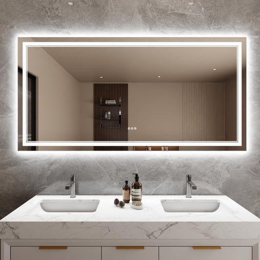 Bathroom Mirror with Lights 36"X72" with Front Light and Backlit, Tempered Glass, Wall Mount Horizontal/Vertical, Stepless Dimmable, 3 Colors, Anti Fog, Bathroom Memory LED Mirror