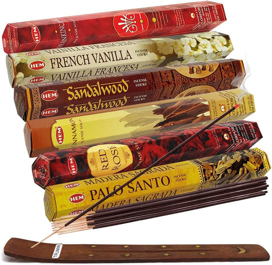 Hem Incense Sticks Variety Pack #22 and Incense Stick Holder Bundle with 6 Most Desired Fragrances