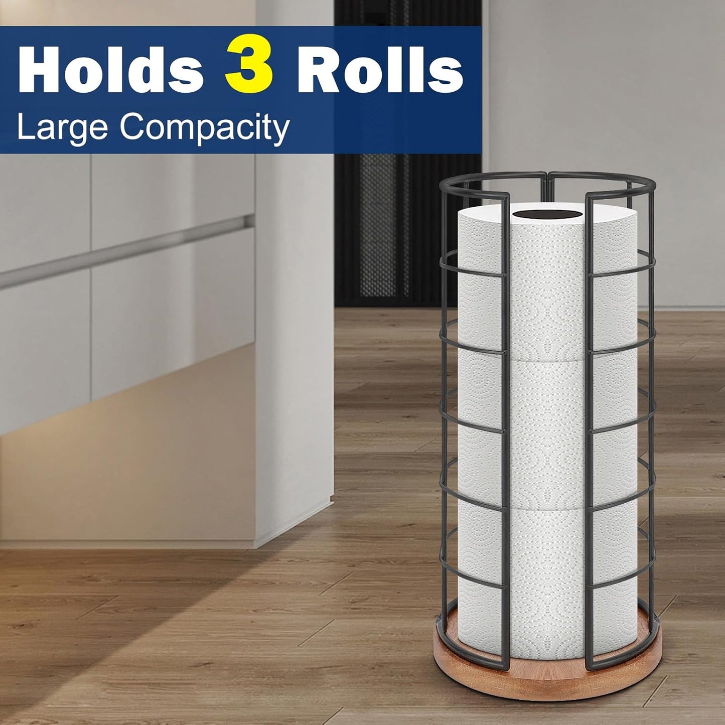 NearMoon Toilet Paper Organizer Stand, Freestanding 3 Rolls Tissue Storage, Metal Bathroom Accessory, Rustproof Toilet Roll Holder for Kitchen Countertop Inside Cabinet Shelf(Wooden Base, Matte Black)