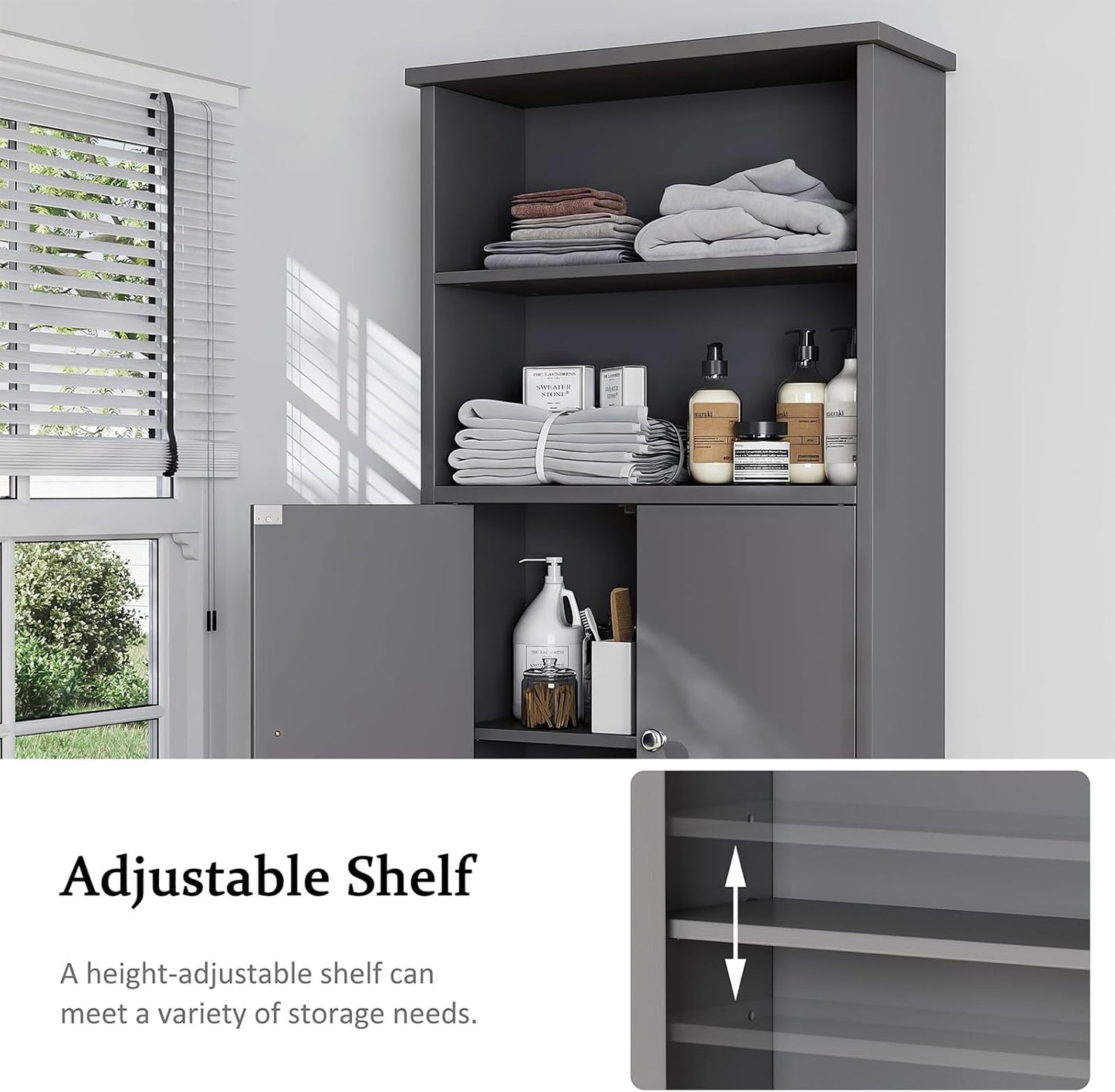 Meilocar Over The Toilet Storage Cabinet for Bathroom, 75in Over Toilet Cabinet Freestanding Storage Organizer, Space Saver with Doors and Adjustable Shelf, Grey