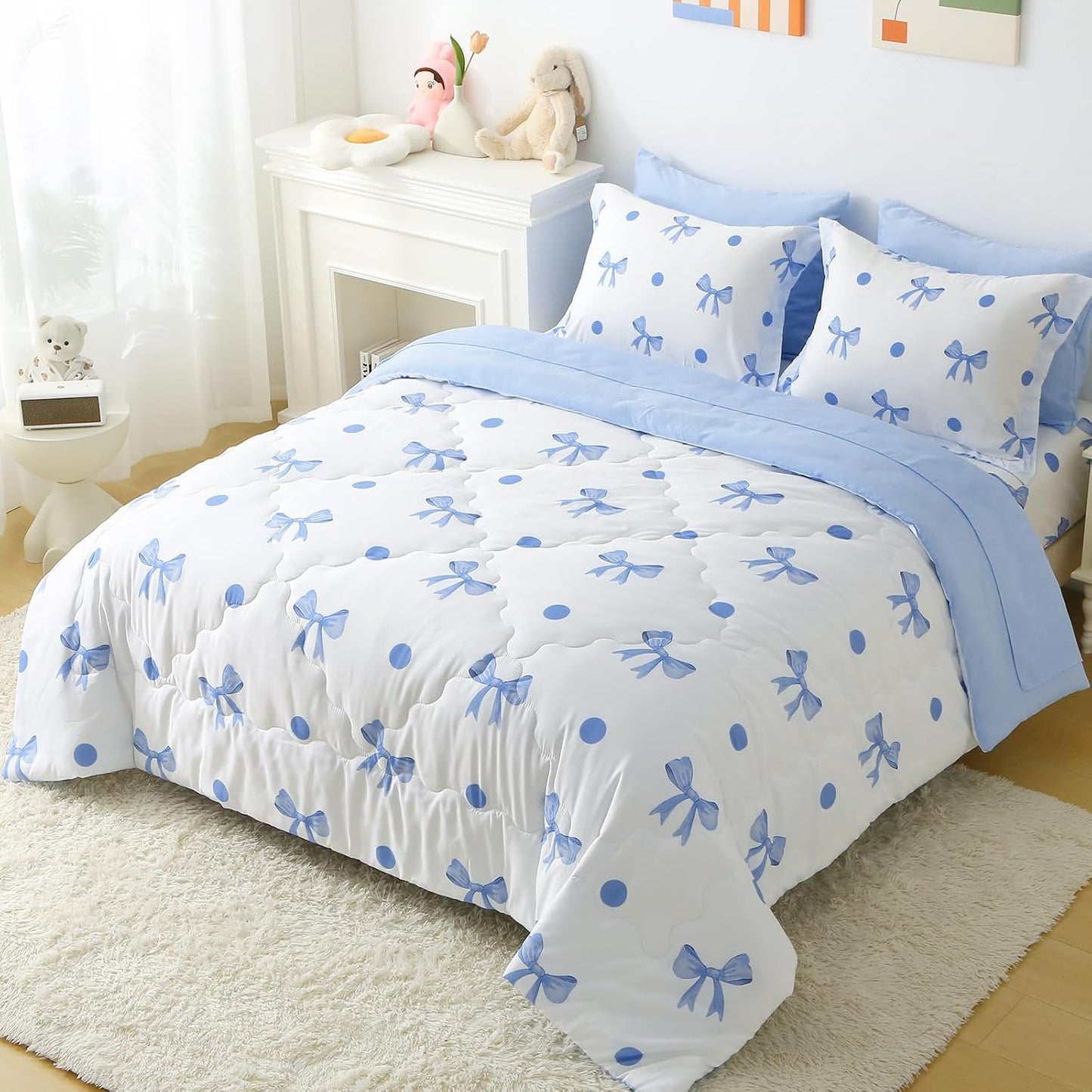 Wajade 7 Piece Blue Bow Comforter Set for Girls Kids Full Size Bedding Set with Sheet and 2 Pillowcases 2 Pillow Shams Cute Girls Bed in a Bag as Birthday Choice
