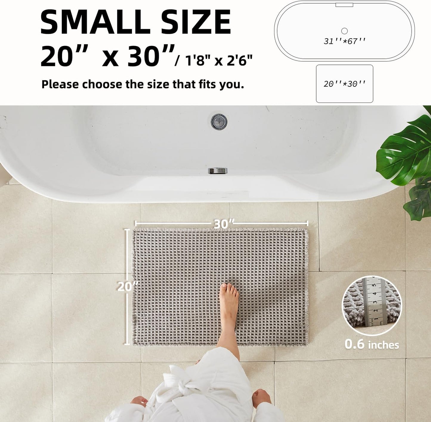 Waffle Bath Mat, Boho Bathroom Rugs Non Slip Washable Super Absorbent Quick Dry Bath Mat Farmhouse Bathroom Decor, 30"x20" Light Grey