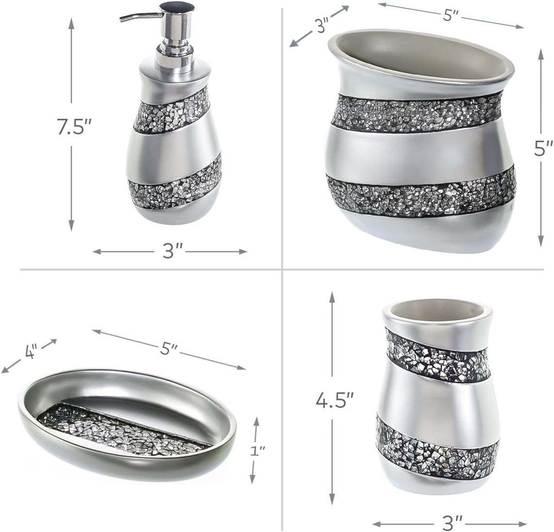 Creative Scents Silver Bathroom Accessory Set - Mosaic Glass Bathroom Soap Dispenser Set; 4-Piece Bathroom Set Includes: Lotion Dispenser, Toothbrush Holder, Tumbler & Soap Dish - Gift Packaged