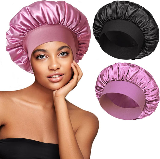 2pcs Satin Bonnets for Women, Silk Hair Bonnet for Sleeping, Wide Soft Band Large Silky Sleep Cap for Curly Hair Braids