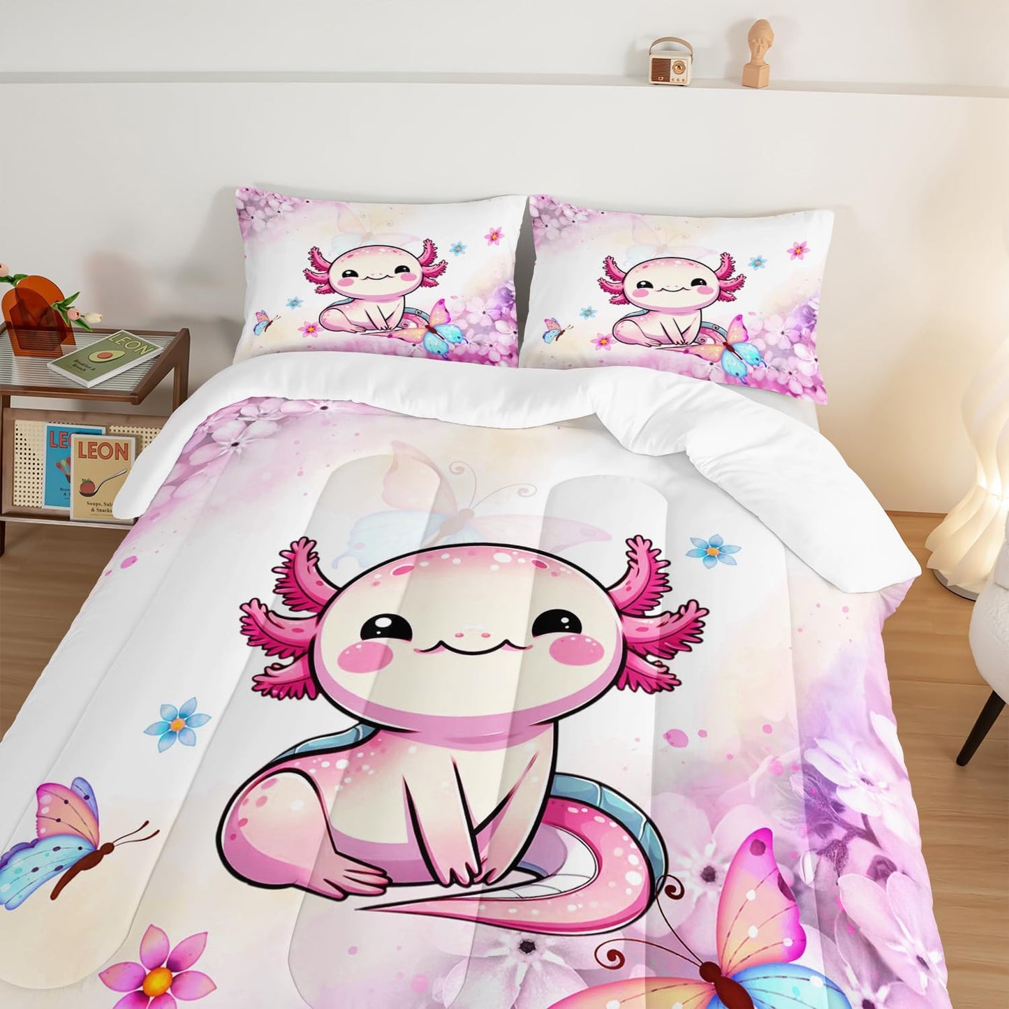 Cartoon Axolotl Comforter Kids Bedding Set,Axolotl Flower Butterfly Bedding Full Size for Boys Girls Room Kawaii Decor,Pink Toddler Comforter Sets with 2 Pillowcases.