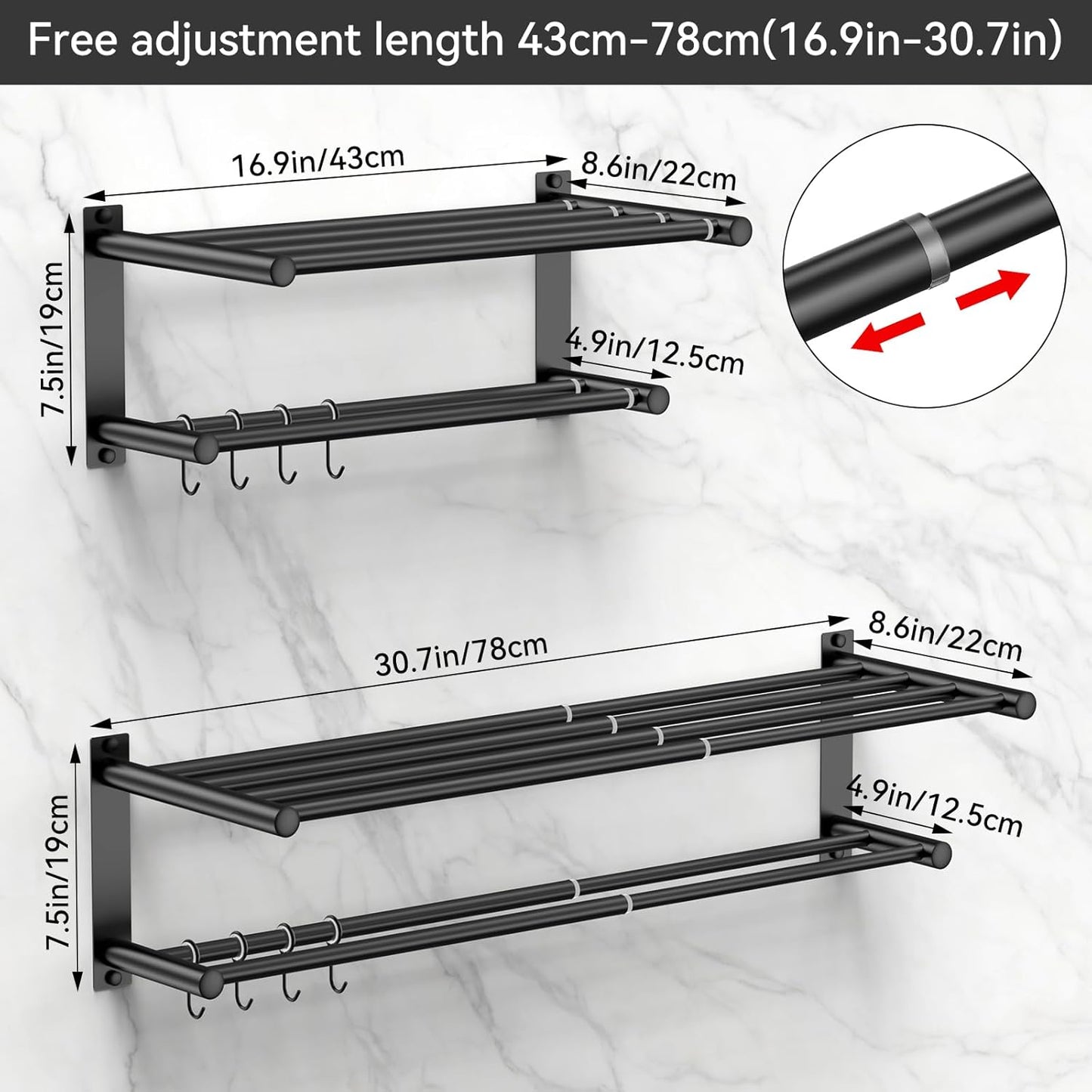 Black Adjustable Black Towel Bar for Bathroom Wall Mount17-30.7inch Adhesive Shower Towel Rack Stainless Steel Bath Towel Holders for Toilet Kitchen Double Towel Hanger