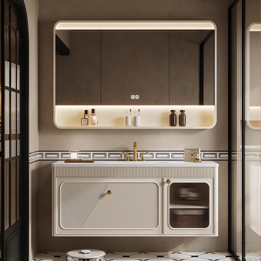 Floating Bathroom Vanity with Sink, Modern Bathroom Vanity with LED Smart Defogging Mirror Cabinet and Open Shelf, Bathroom Sink Cabinet with Striped Glass Door and Drawer Storage (Milk White,44IN)
