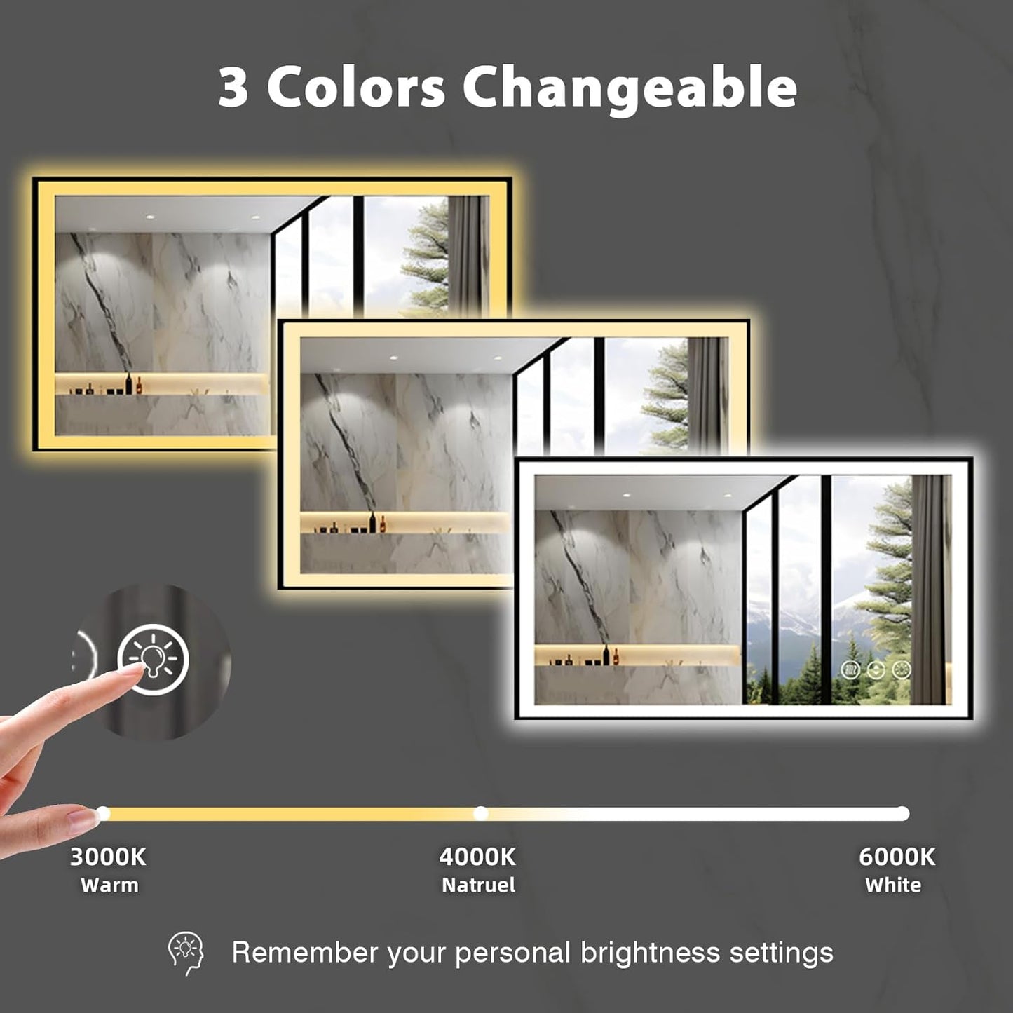 40x24 LED Bathroom Mirror for Wall, Black (Metal, Aluminum) Framed, Front Light and Backlit, 3 Colors and Dimmable Vanity Mirror, Anti-Fog, Shatter-Proof, Memory (Horizontal/Vertical)