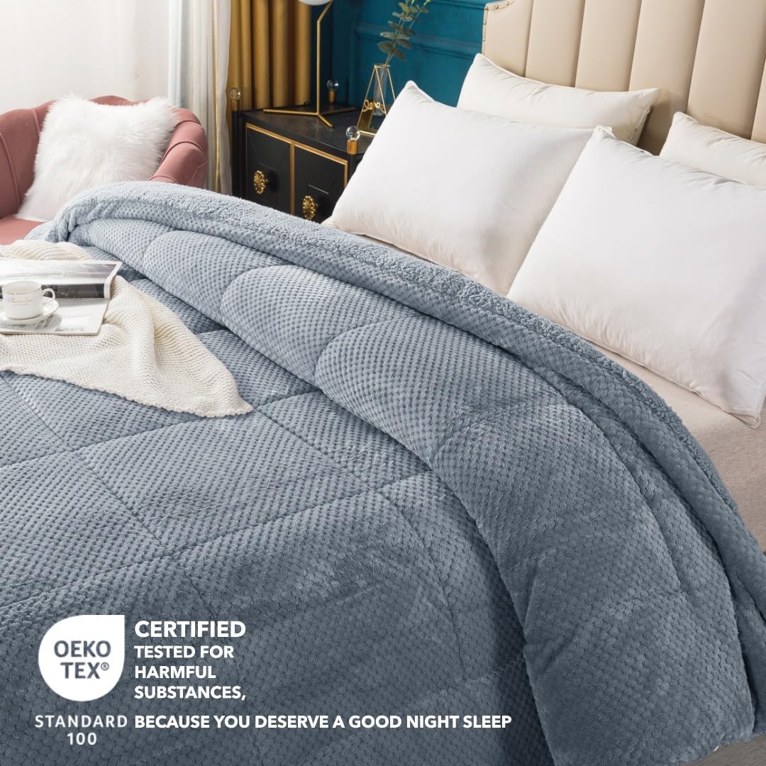 KASENTEX Super Ultra Soft Luxury Plush Sherpa Comforter, Cozy Reversible Faux Fur Machine Washable Bedding, Grey Blue, Queen Size