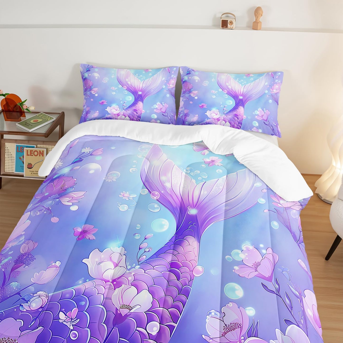 Pretty Mermaid Comforter Full for Girls Kids, Mermaid Fish Scale Floral Pattern Bedding for Girls Bedroom Decor, Ocean Themed Comforter Bedding Set with 2 Pillowcases