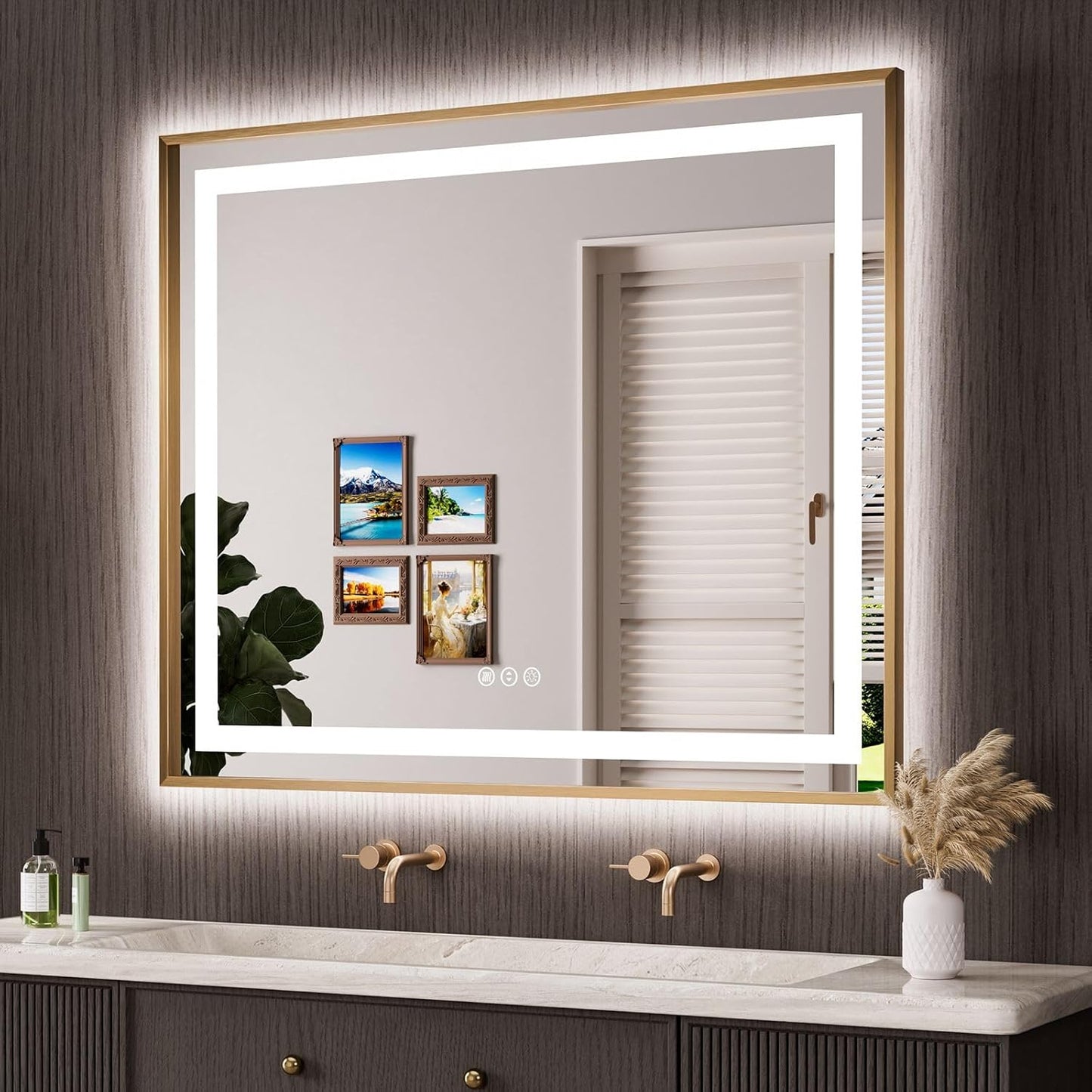 Amorho 48"x 40" Gold LED Bathroom Mirror, Metal Framed Mirror with Front Light and Backlit, Stepless Dimmable, Anti-Fog, Shatter-Proof, Memory, 3 Colors