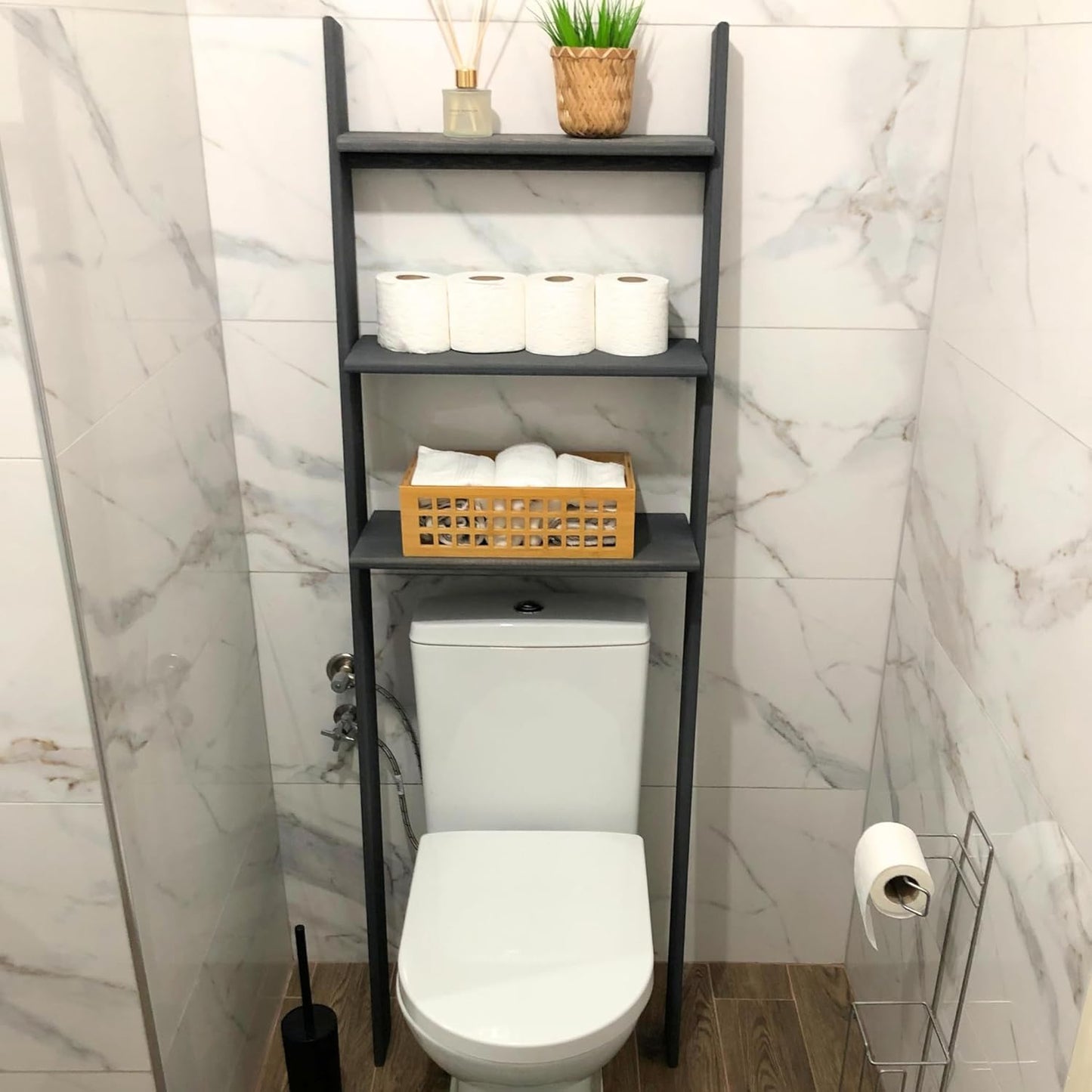 Over The Toilet Bathroom Organizer Shelves, 3-Tier Freestanding Above Toilet Storage Ladder Shelf, Standing Space Saver Behind Toilet Small Bathroom Organizer (Grey)
