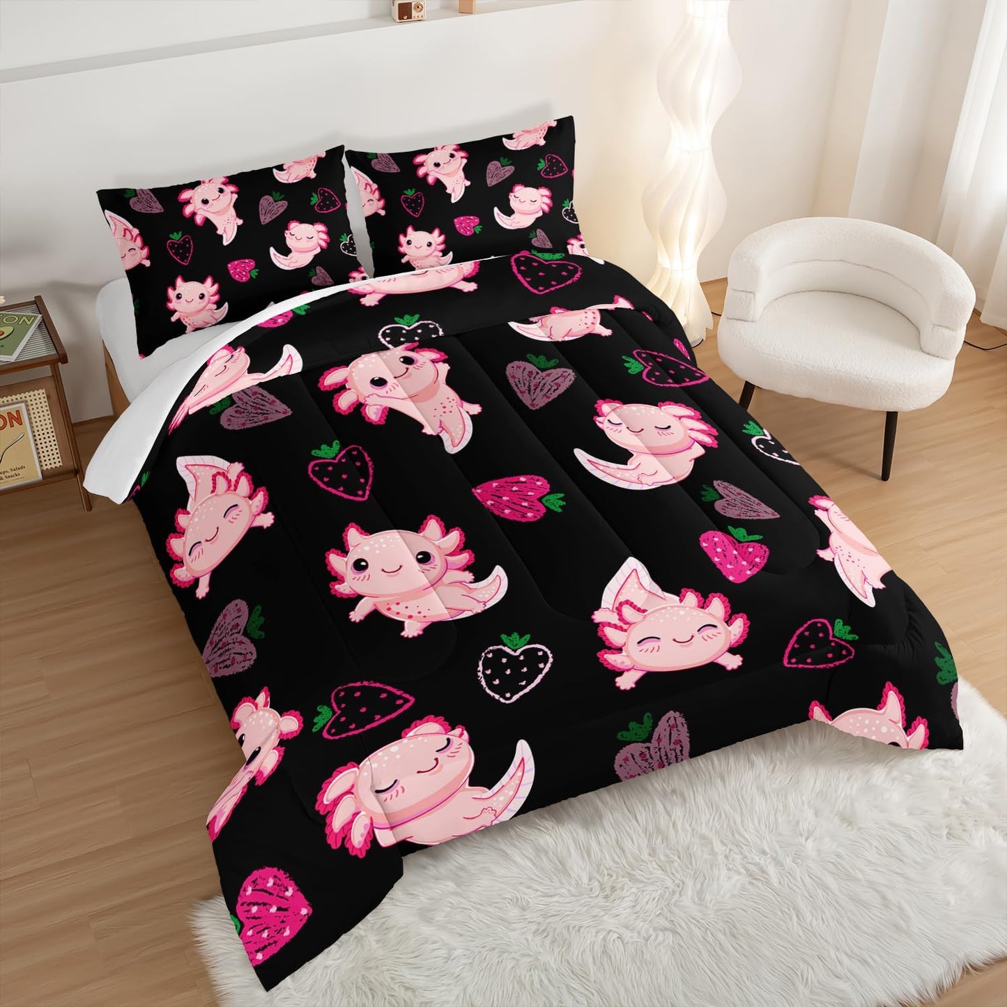 Cute Axolotl Bedding Set King Size,Pink Axolotl Strawberry Printed Comforter Sets Aesthetic Bedding for Kids Girls,Beach Coastal Animal Themed Comforter Sets with 2 Pillowcases.
