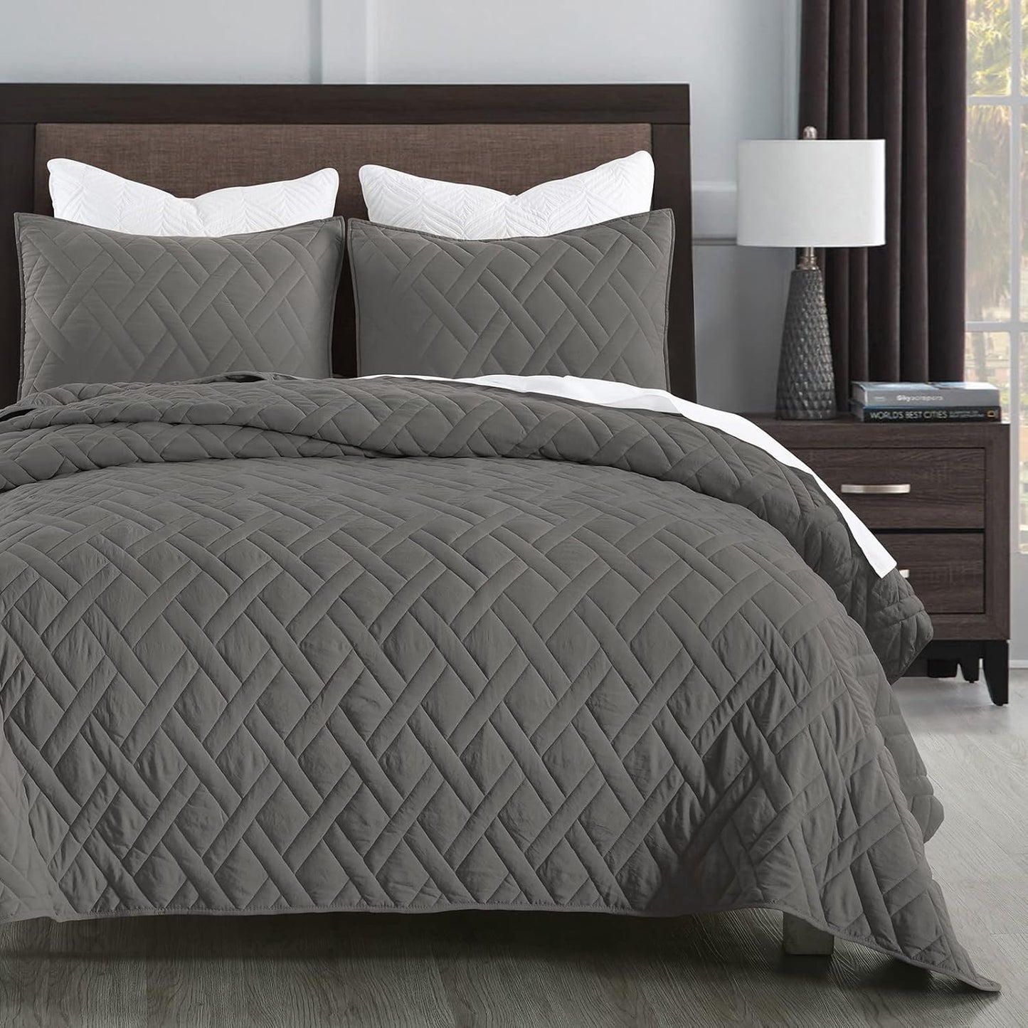 HORIMOTE HOME Quilt Set Queen Size Grey, Classic Geometric Diamond Stitched Pattern, Microfiber Ultra Soft Lightweight Bedspread Coverlet for All Season, 3 Piece Includes 1 Quilt and 2 Shams