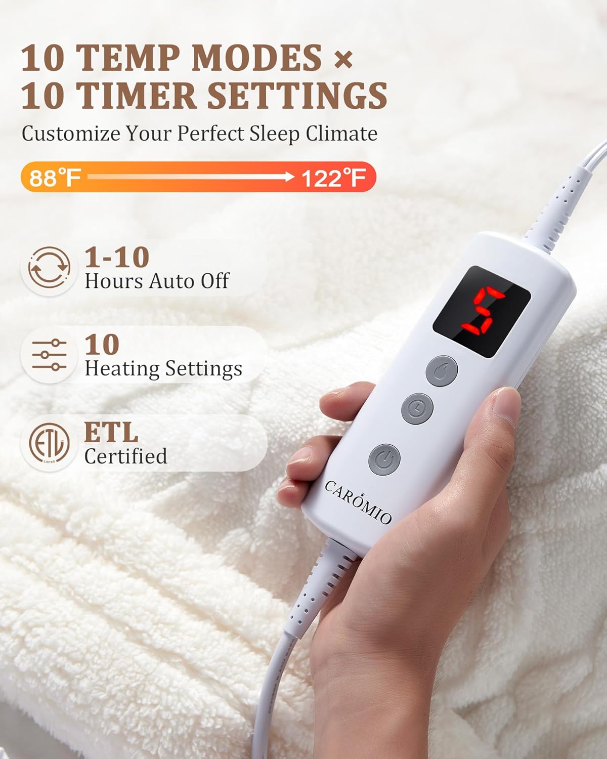 CAROMIO Heated Throw Blanket - Thick Tufted Sherpa Electric Blanket Throw with 10 Heating Levels and 10 Time Settings, ETL Certified Machine Washable Fast Heating Blanket Throw 50"×60", Off White