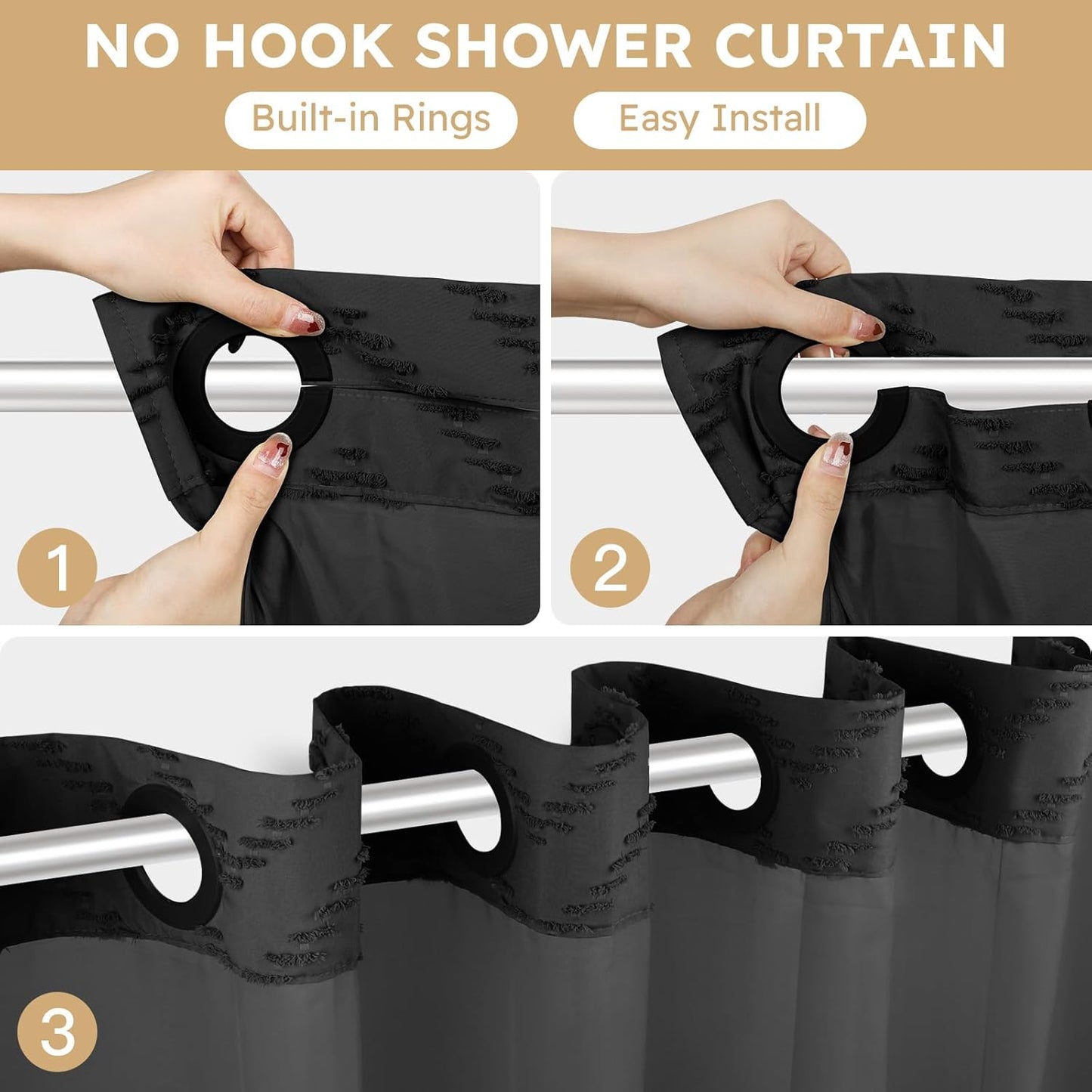 No Hook Shower Curtain and Snap in Liner Set Black Tufted Chevron Striped Cloth Waterproof Washable Fabric Boho Farmhouse Bath Curtain See Through Mesh Top Window for Bathroom Hotel 71" x 86"