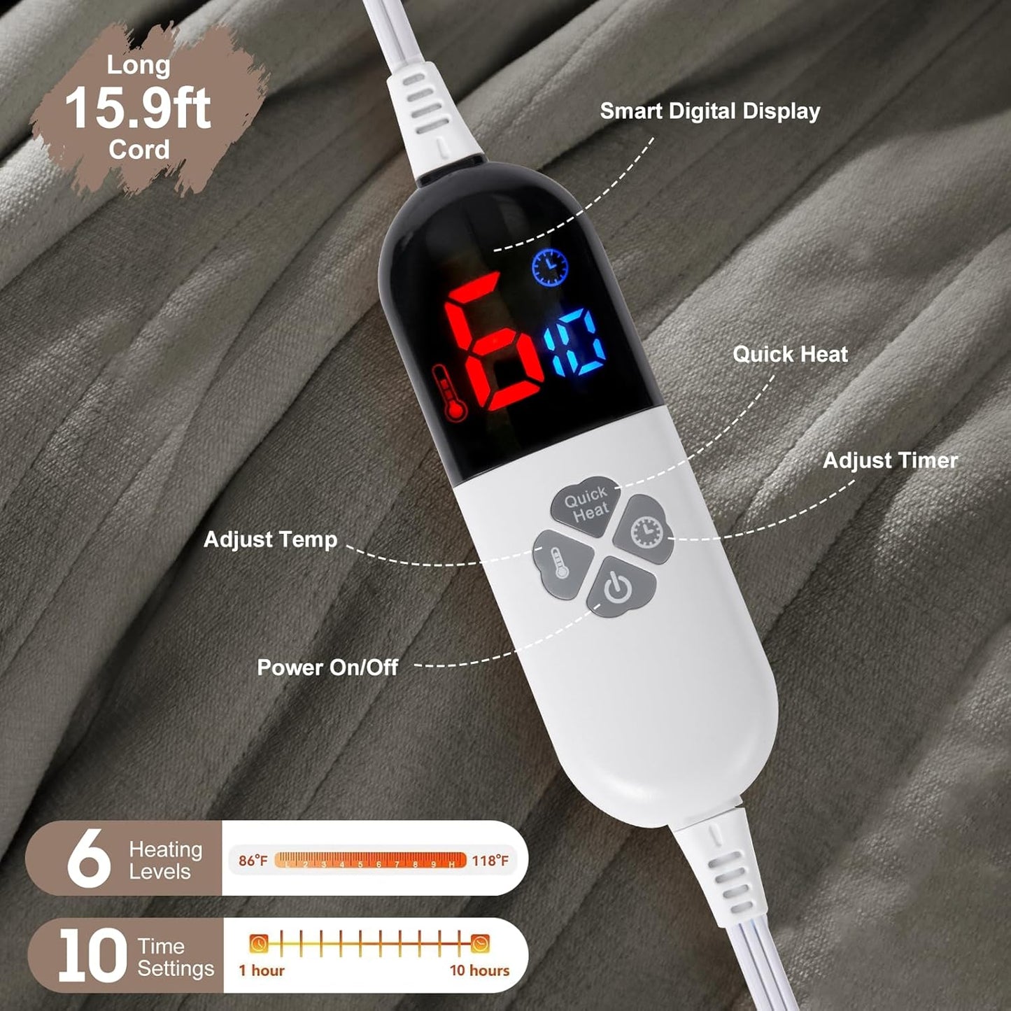 Heated Blanket Full Size - 72" x 84" Electric Blanket Full with Fast Heating, 10 Timer Settings, 6 Heat Settings, Washable Flannel Sherpa Heating Blanket, Overheat Protection, Grey