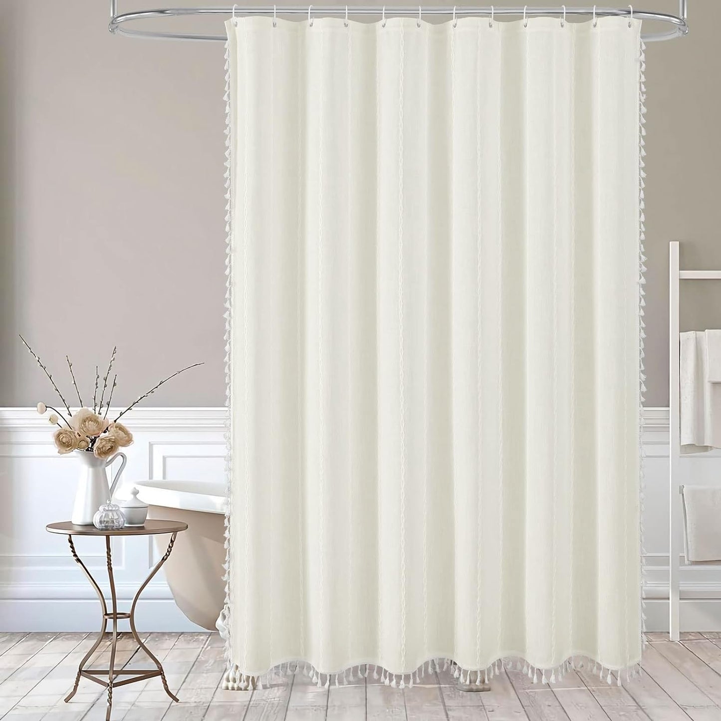 MitoVilla Boho Farmhouse Fabric Shower Curtain Set, Ivory Polyester Linen Shower Curtains for Vintage Rustic Bathroom Decor, Modern Neutral Wrinkle Resistant Cloth Shower Curtain, 72 x 72