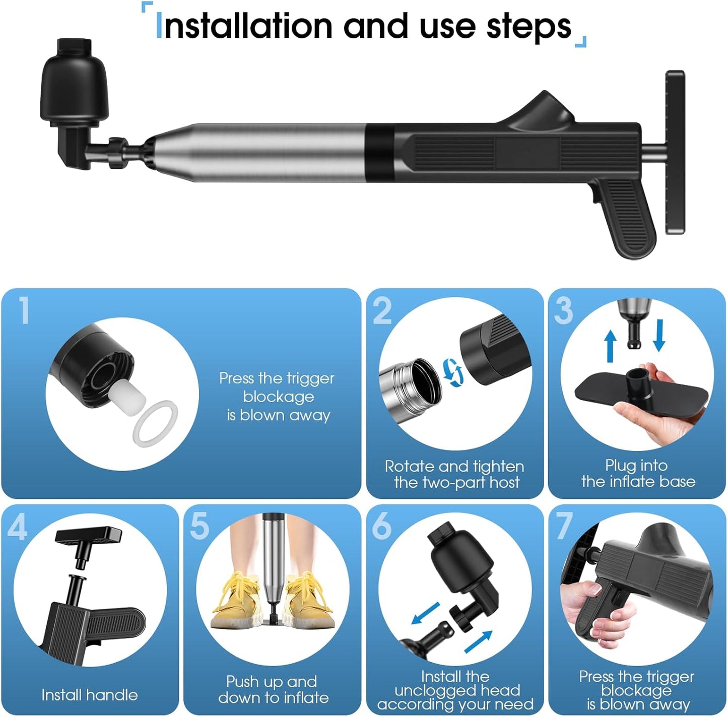 TheElves Toilet Plunger Heavy Duty Pro, Electric High Pressure Toilet Clog Remover Tool, Powerful Bathroom Plunger with Holder for Drain Cleaning - Black