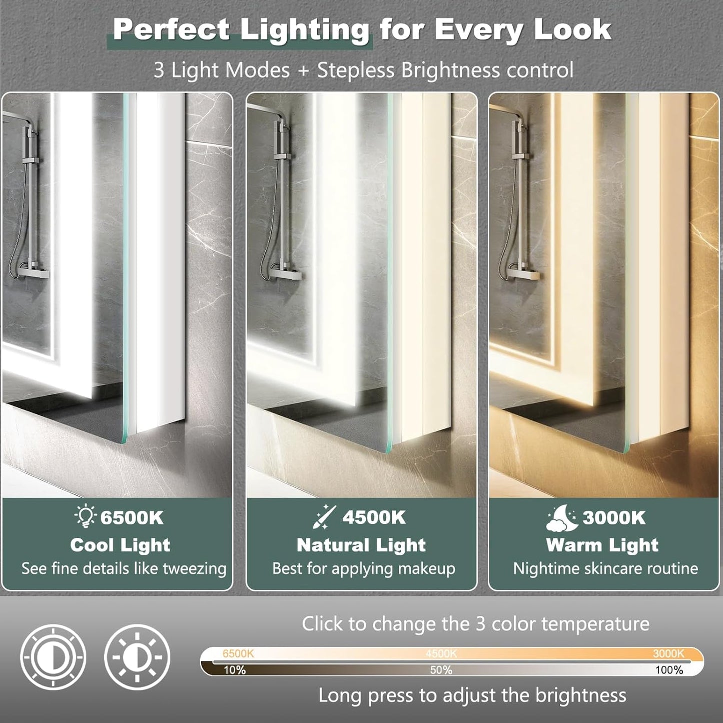LED Bathroom Mirror with Lights: 48"x28" Wall Mounted Large Lighted Mirrors Fogless, Anti-Fog,Dimmable,Memory Function, Shatterproof Tempered Glass, Espejos para Baños, ETL Listed