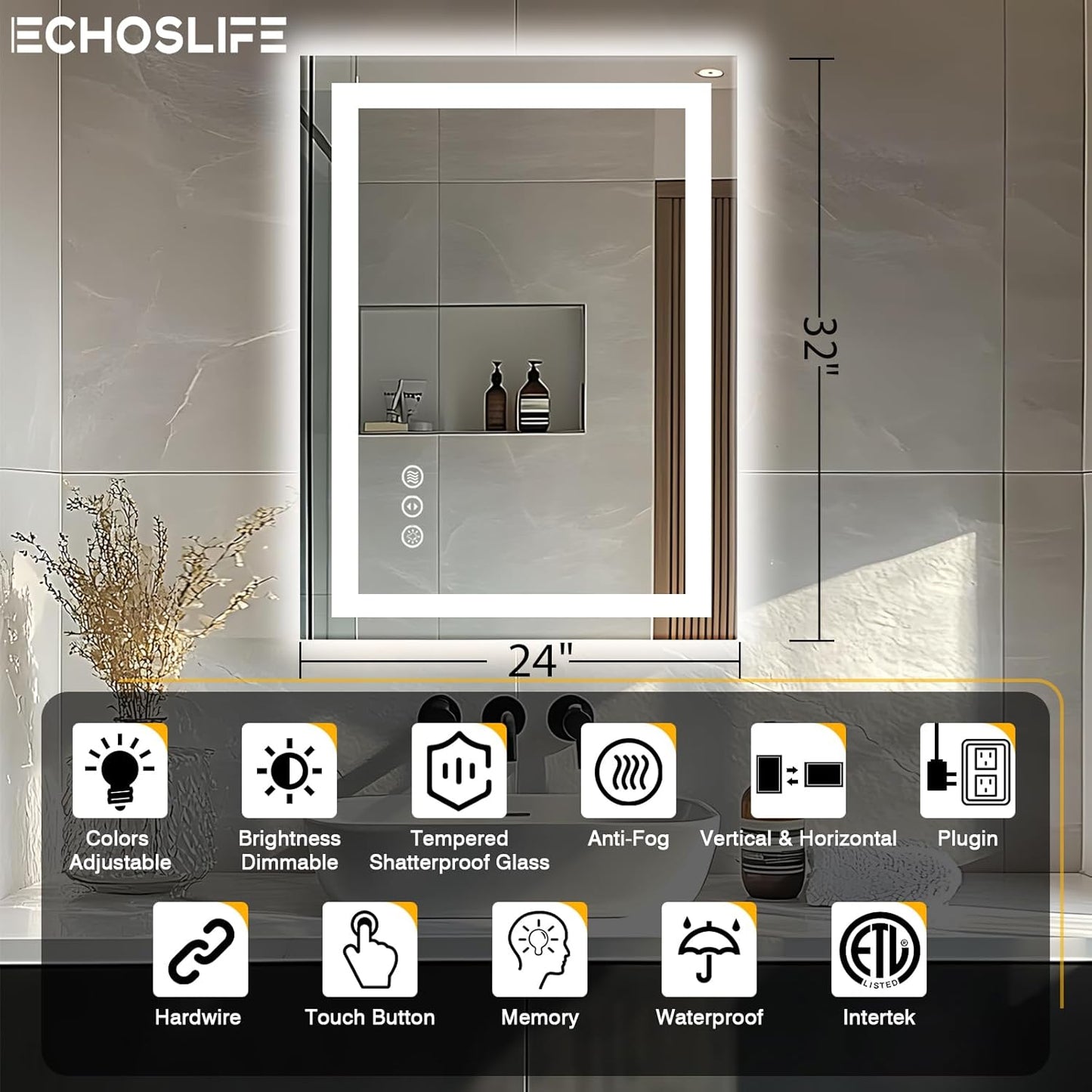 24"x32" LED Bathroom Mirror - Front & Backlit, Anti-Fog Vanity Mirror with Dimmable Lights, 3 Colors Smart Mirror (Horizontal/Vertical)