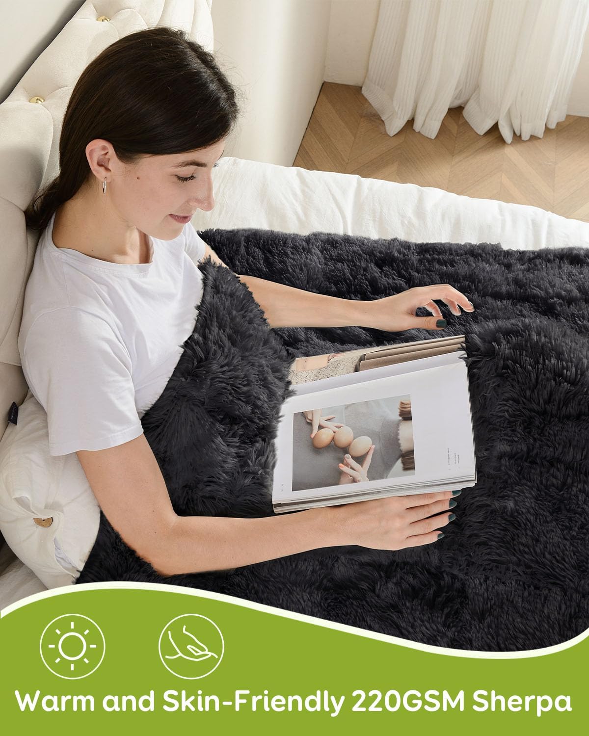 Uttermara Weighted Blanket Queen Size 20 lbs for Adults, Long Shaggy Elegant Faux Fur and Fluffy Cozy Sherpa Reverse Bed Blanket, Thick Plush Throw for Sofa Bed, 60 x 80 inches, Black