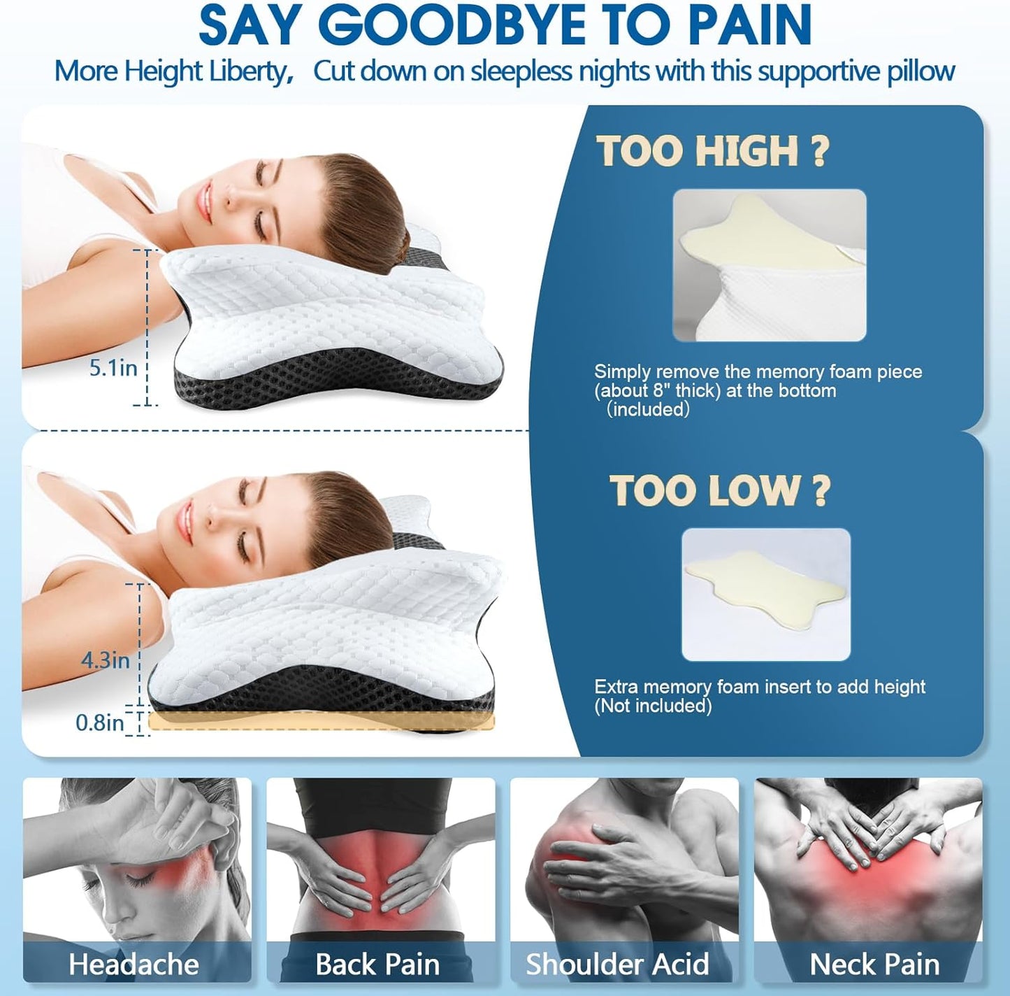 Memory Foam Pillow, Cervical Pillow for Neck and Shoulder Pain Relief, Ergonomic Contour Bed Pillow, Soft for Side Sleep Stomach Sleeping and Back Sleeper