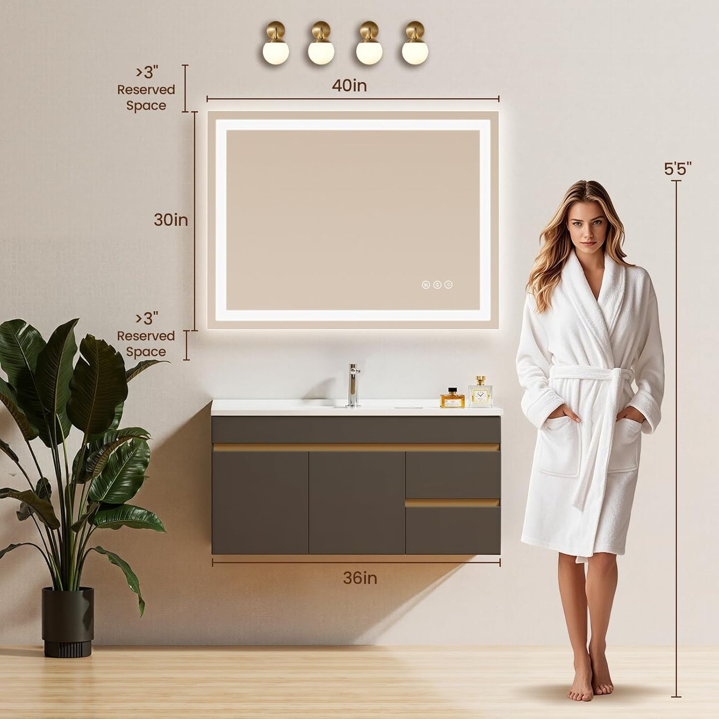 40X30 LED Bathroom Mirror with Lights, Anti-Fog, Backlit + Front Lit, Lighted Bathroom Vanity Mirror for Wall, Memory Function, Dimmable, Tempered Glass, Shatter-Proof, ETL Listed