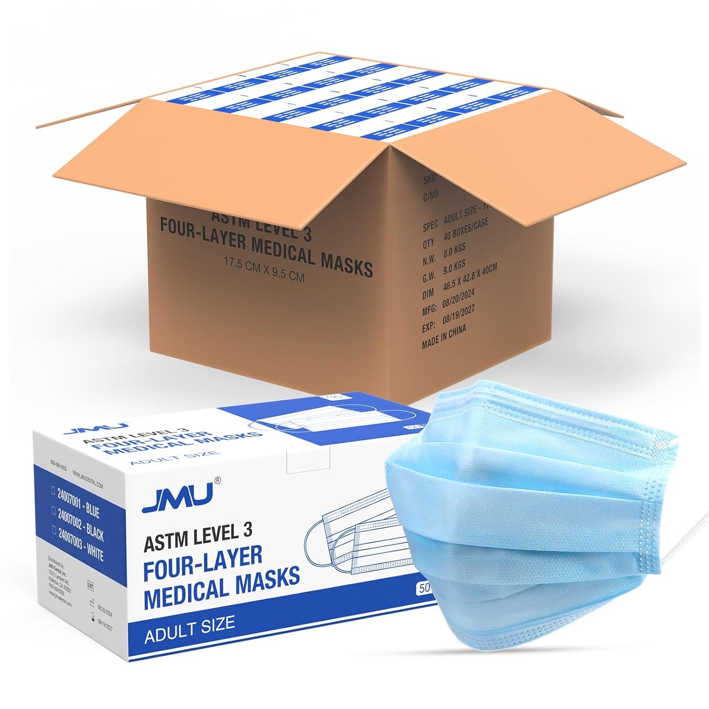 JMU 2000 Pcs Disposable Medical Face Mask for Adults, 4-Ply ASTM Level 3 ProcedureMasks, 40Box, Blue