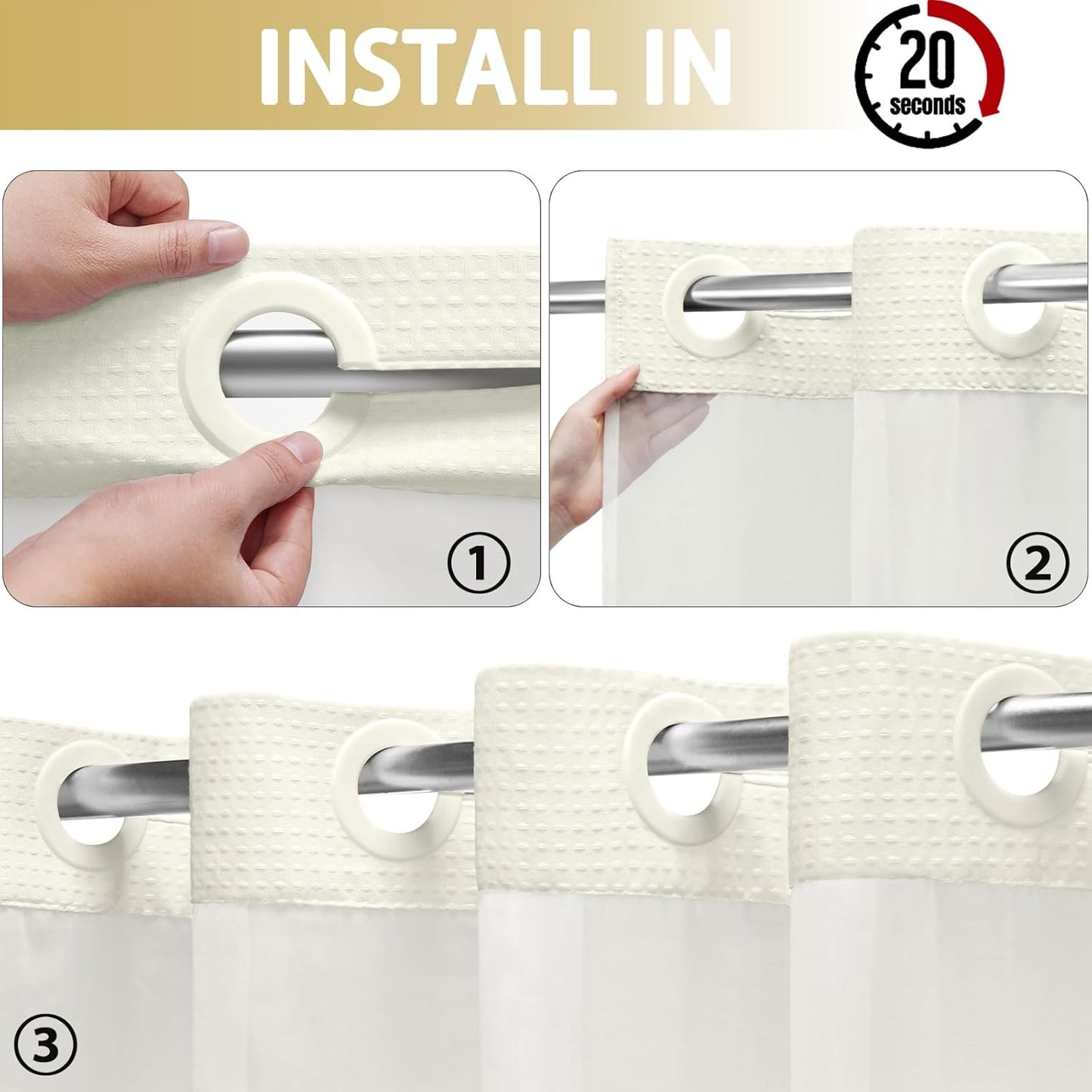 YellyHommy No Hook Shower Curtain with Snap in Liner Set Less Waffle Shower Curtain for Bathroom (Cream, 87" L x 72" W)