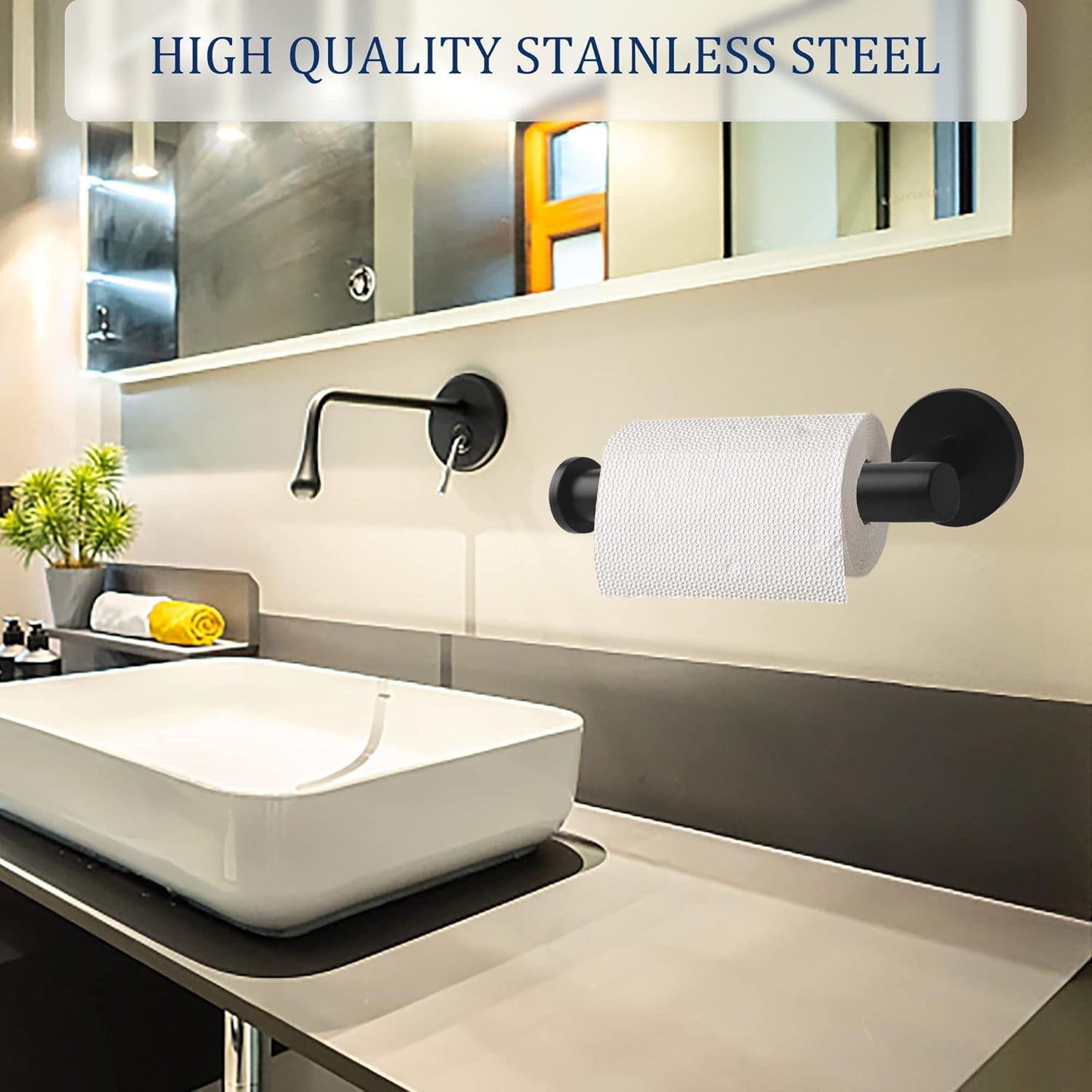 Matte Black Bathroom Hardware Set, Premium Stainless Steel 3-Piece Include 5 Inch Toilet Paper Holders and 2 Towel Robe Holder Hook for Bathroom, Kitchen, Washroom Wall Mount
