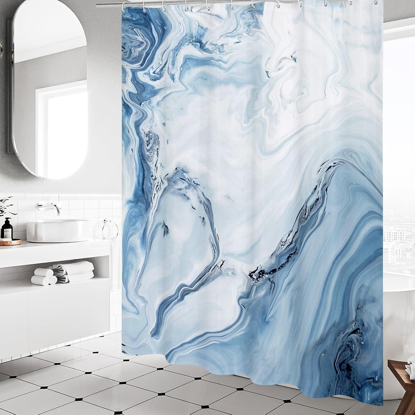 MitoVilla Blue Marble Extra Long Shower Curtain Set 72 x 84, Modern Ombre 84 inch XL Shower Curtains for Chic Bathroom Decor, Abstract Watercolor Fabric Shower Curtain