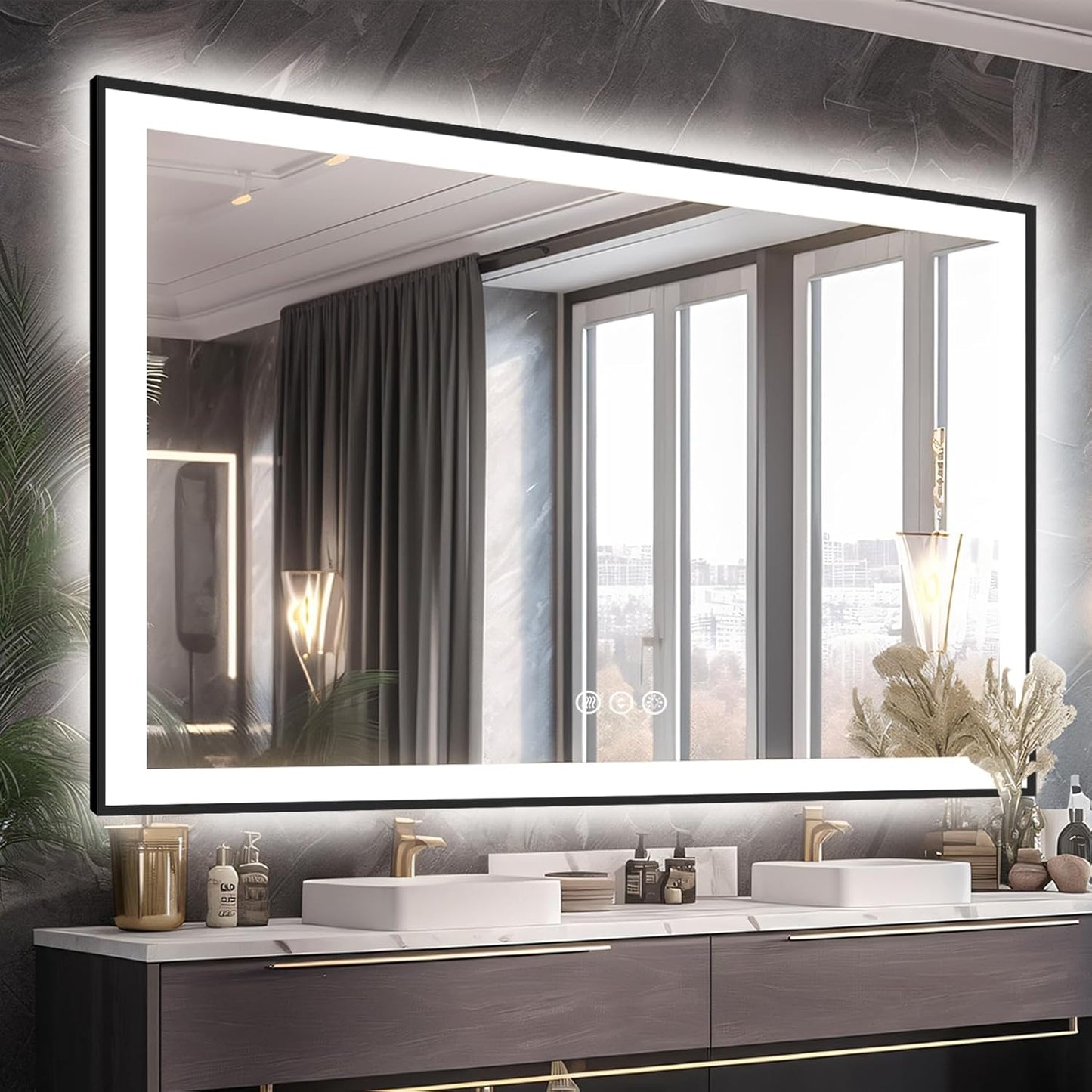60x40 LED Mirror for Bathroom - Matte Black Framed, Anti-Fog Vanity Mirror with Lights, Stepless Dimmable, 3 Colors Smart