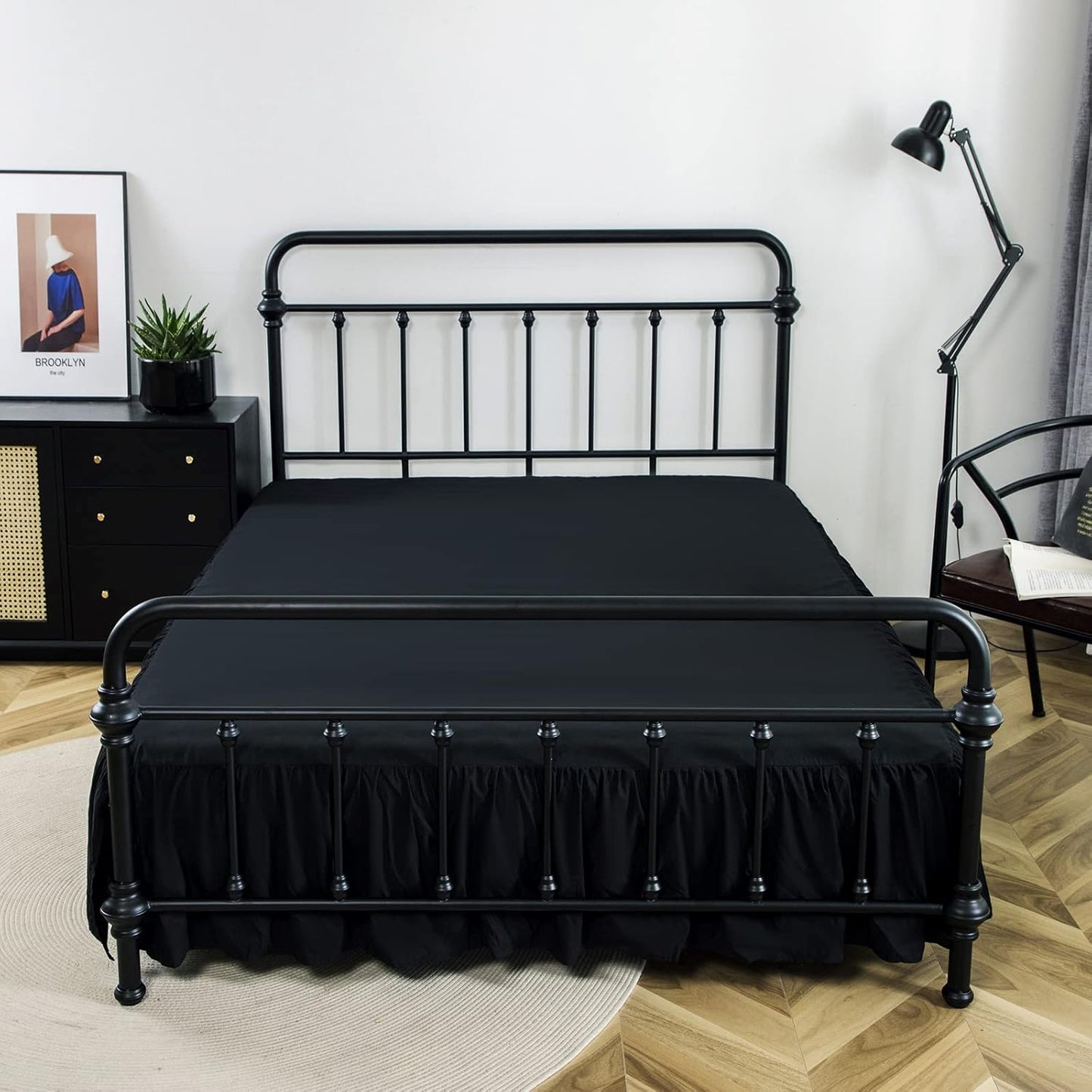 Bed Skirt Queen Size Ruffled Bed Skirt with Split Corners, 14 Inch Drop Dust Ruffle Bed Skirts with Platform, Black