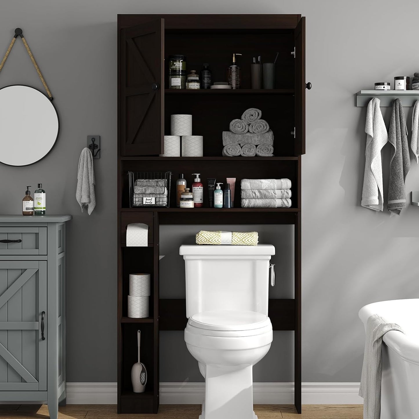 Furniouse Over The Toilet Storage Cabinet Bathroom Organizer with Barn Doors & Adjustable Shelf Rustic Over Toilet Storage Shelf for Bathroom, Espresso