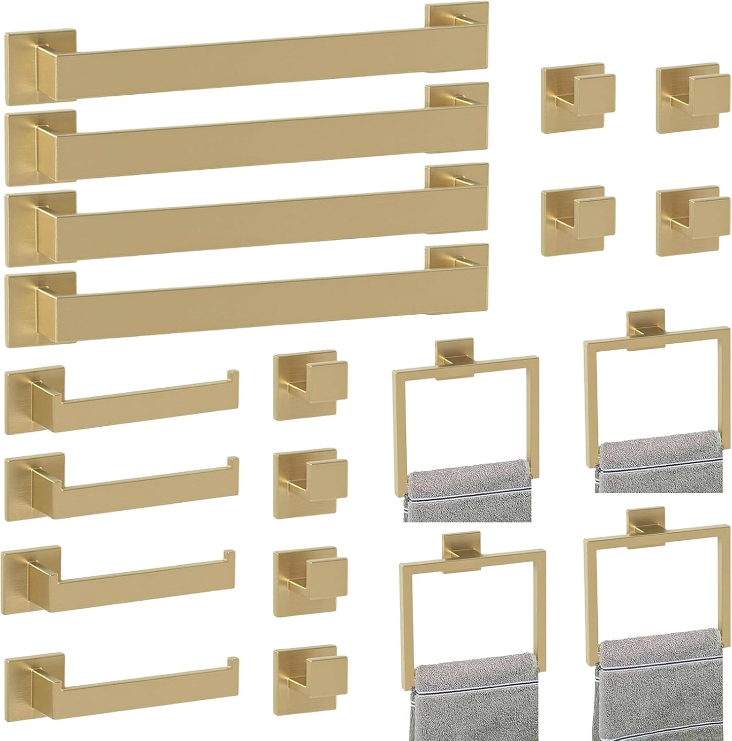Bathroom Accessory Towel Bar Set: 20 Pieces Gold Bathroom Hardware Square SUS304 Stainless Steel - Wall Mounted Towel Rack&Toilet Paper Holder&Towel Ring and Towel Hook